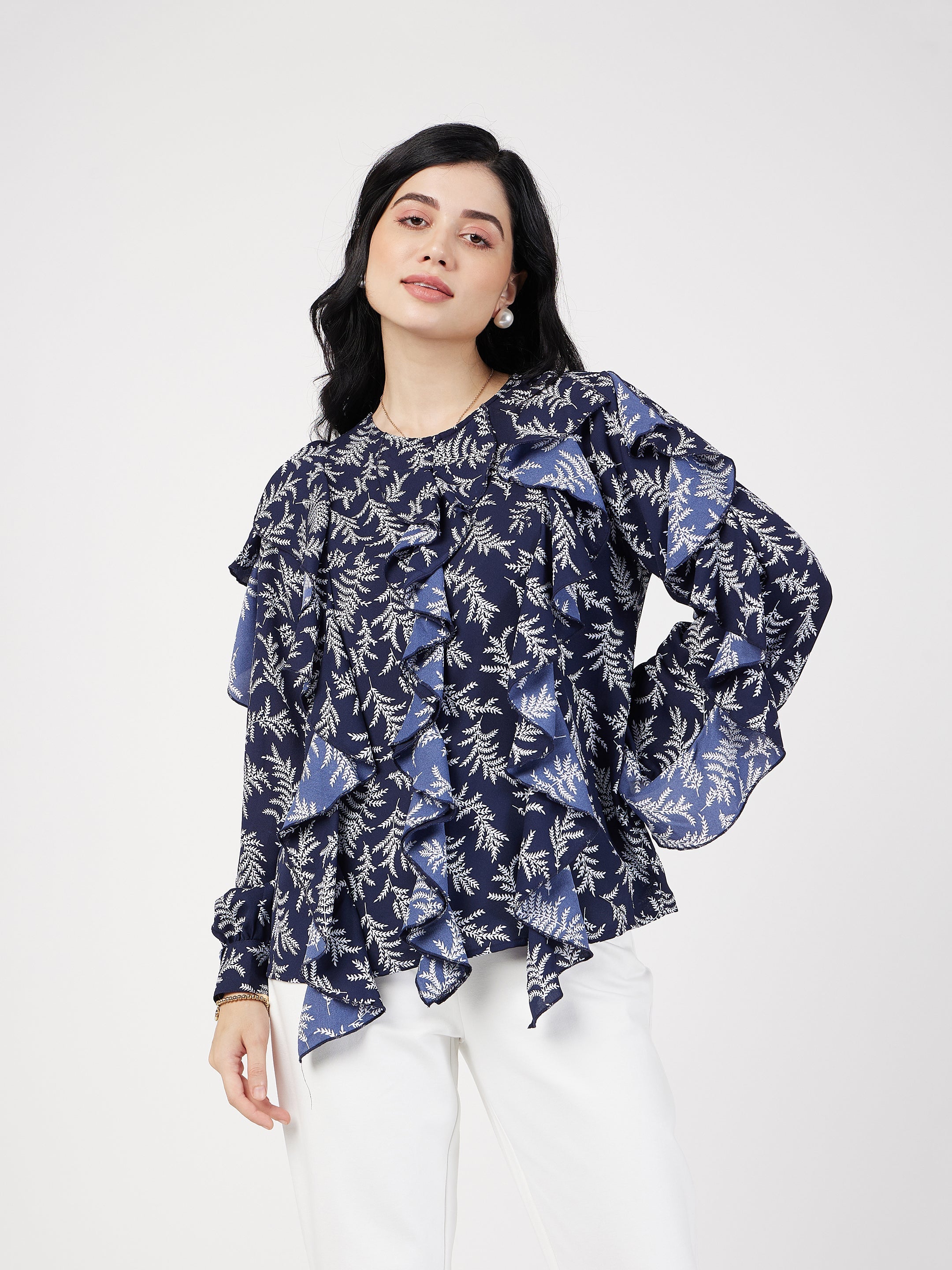 Women's Navy Floral All Over Ruffle Top - Lyush