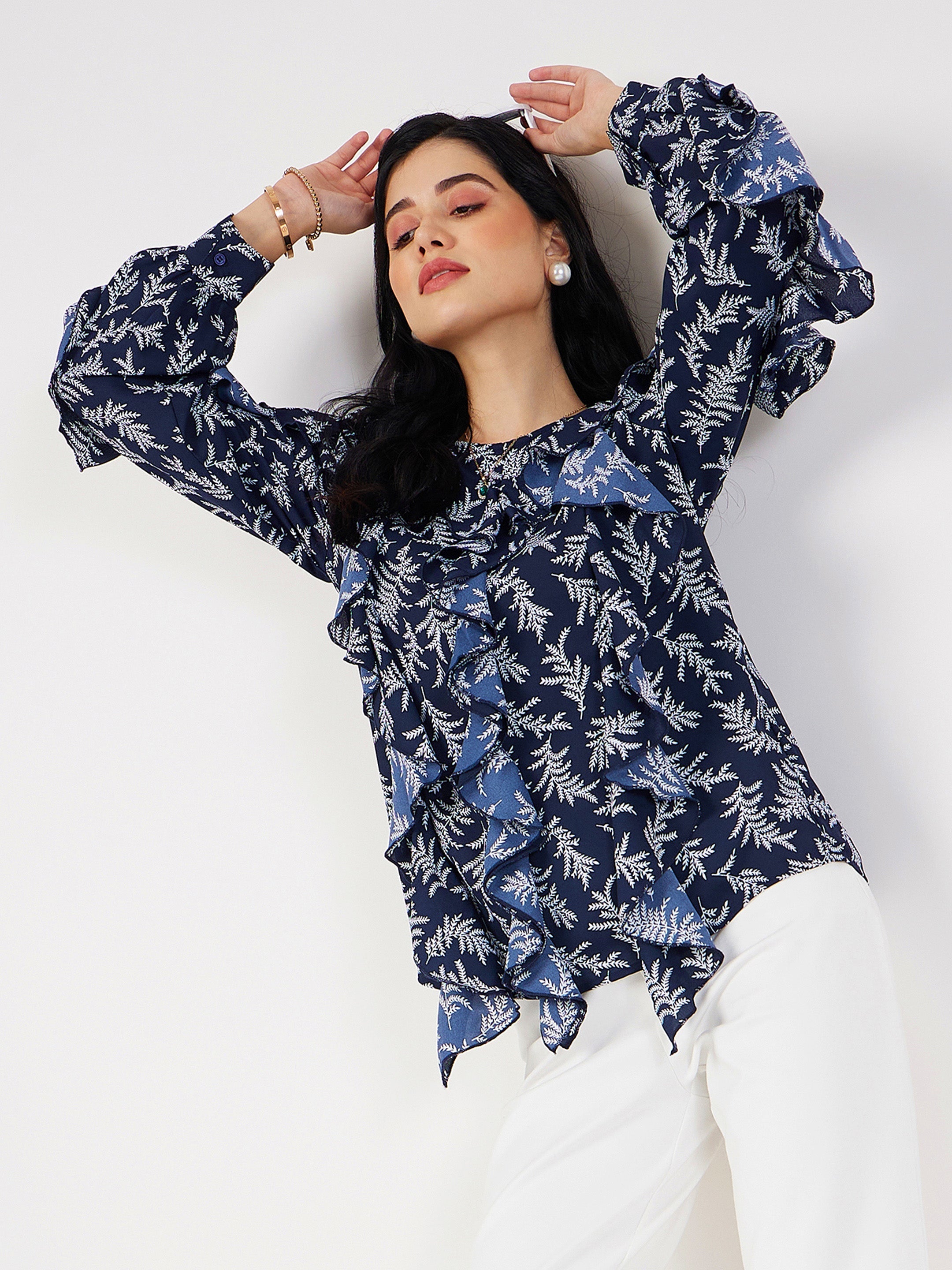 Women's Navy Floral All Over Ruffle Top - Lyush