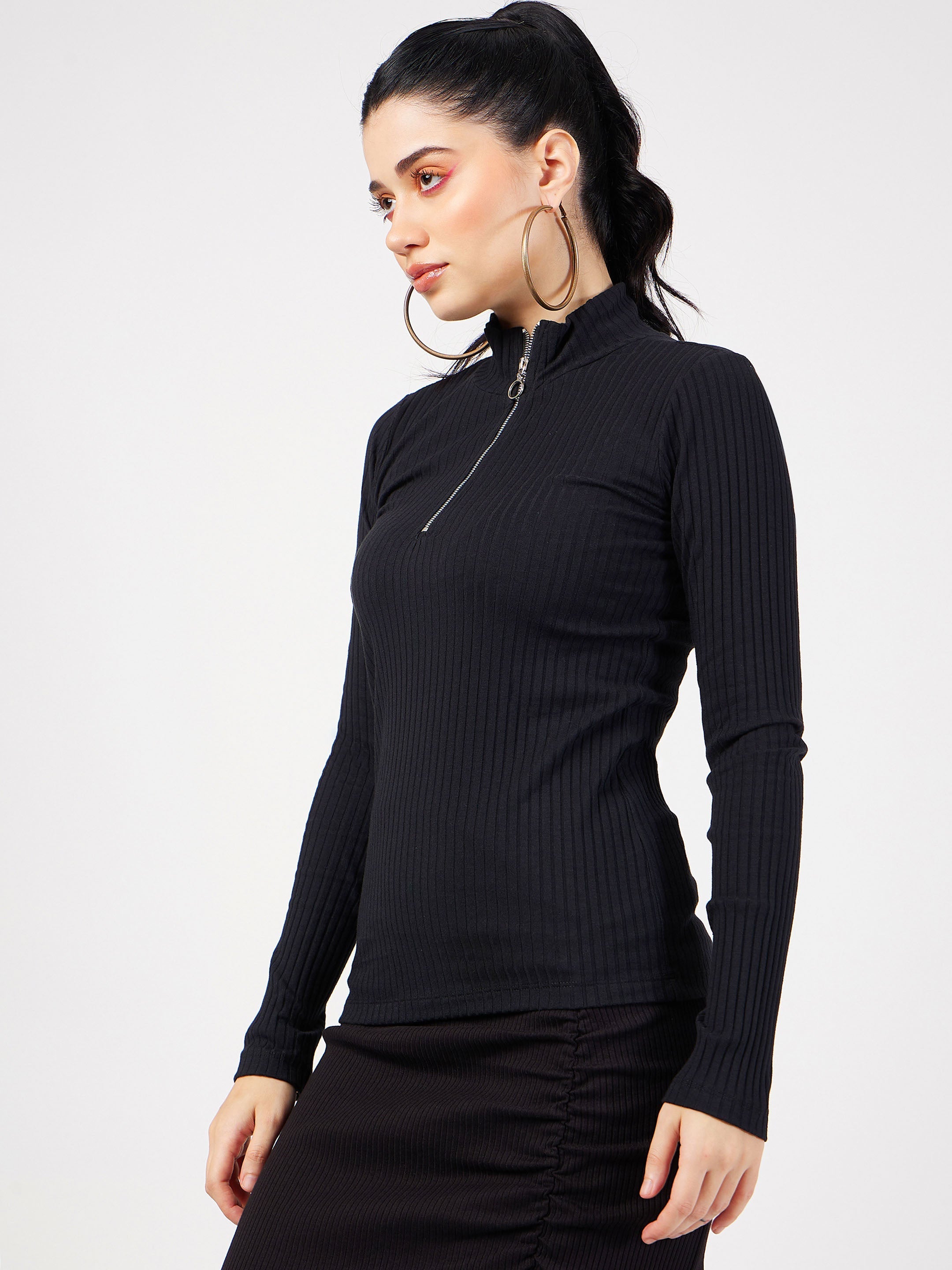 Women's Black Rib Front Zipper Full Sleeves Top - Lyush