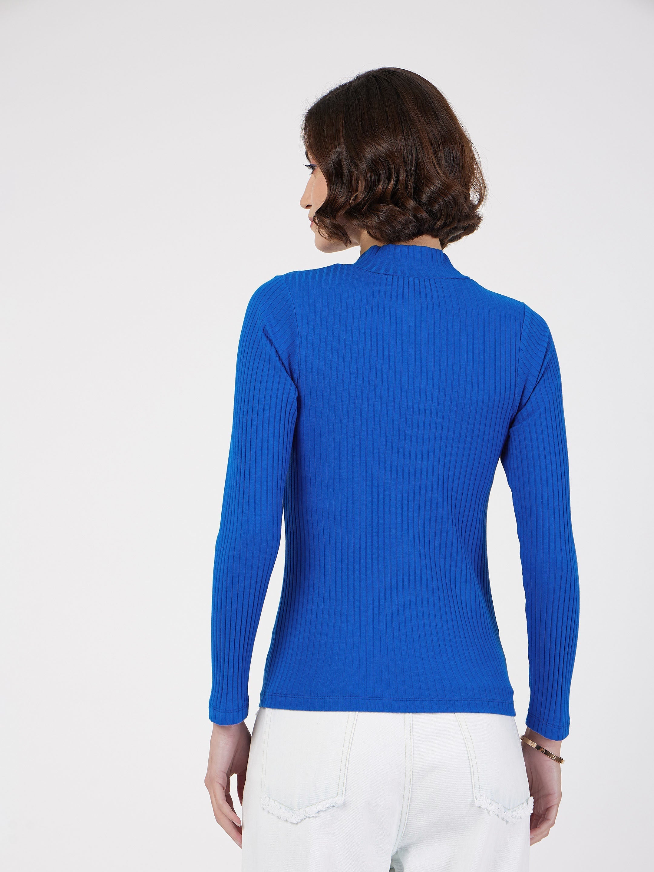 Women's Royal Blue Rib Front Zipper Full Sleeves Top - Lyush