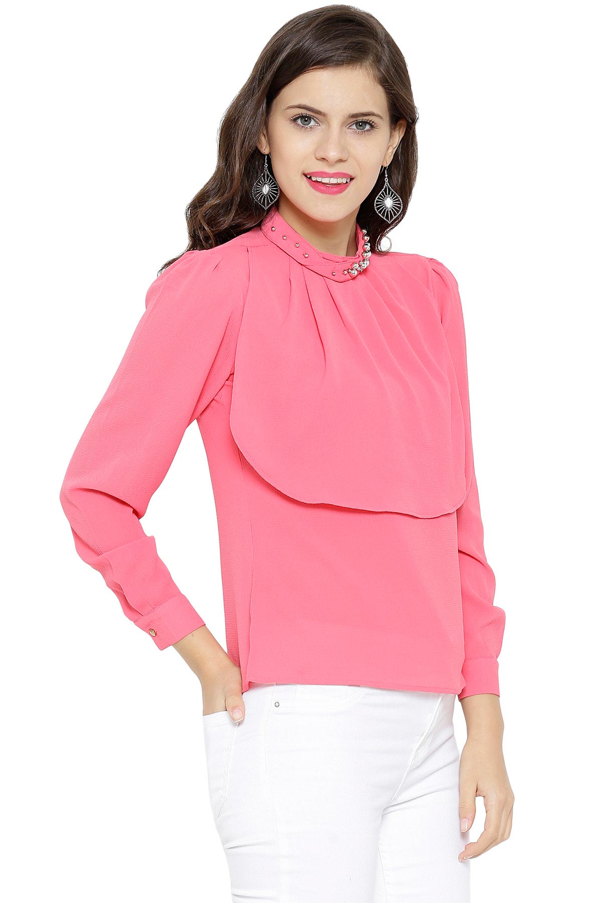 Women's Layered Beaded Neck Pink Top - SASSAFRAS