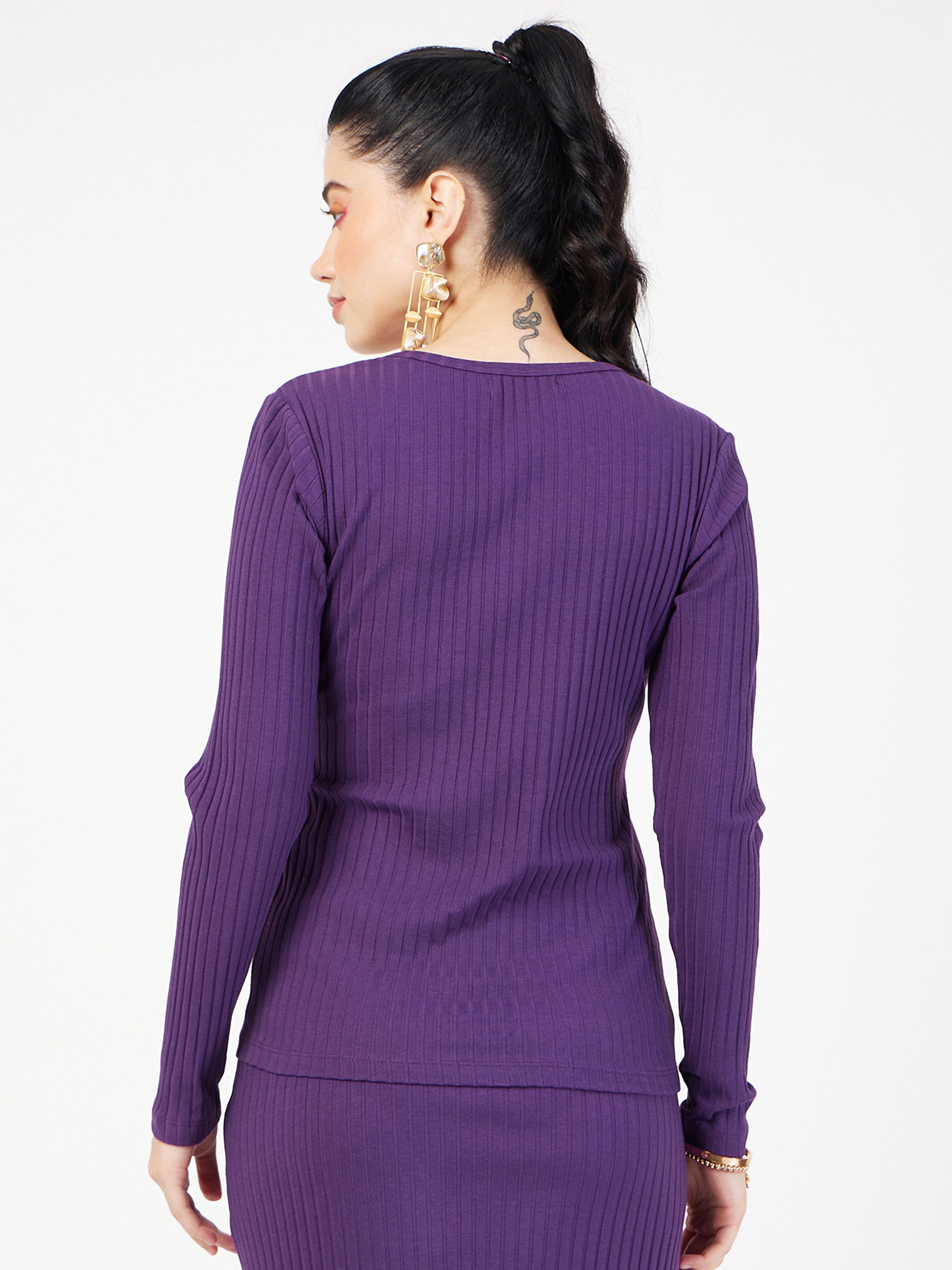 Women's Purple Rib Square Neck Full Sleeves Top - Lyush