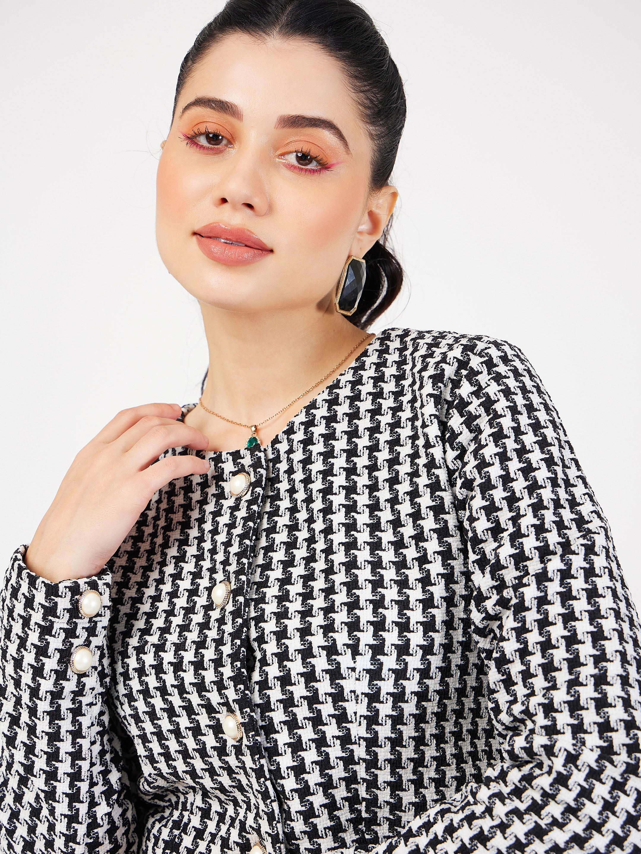 Women's Black Geo Jacquard Tweed Full Sleeves Top - Lyush