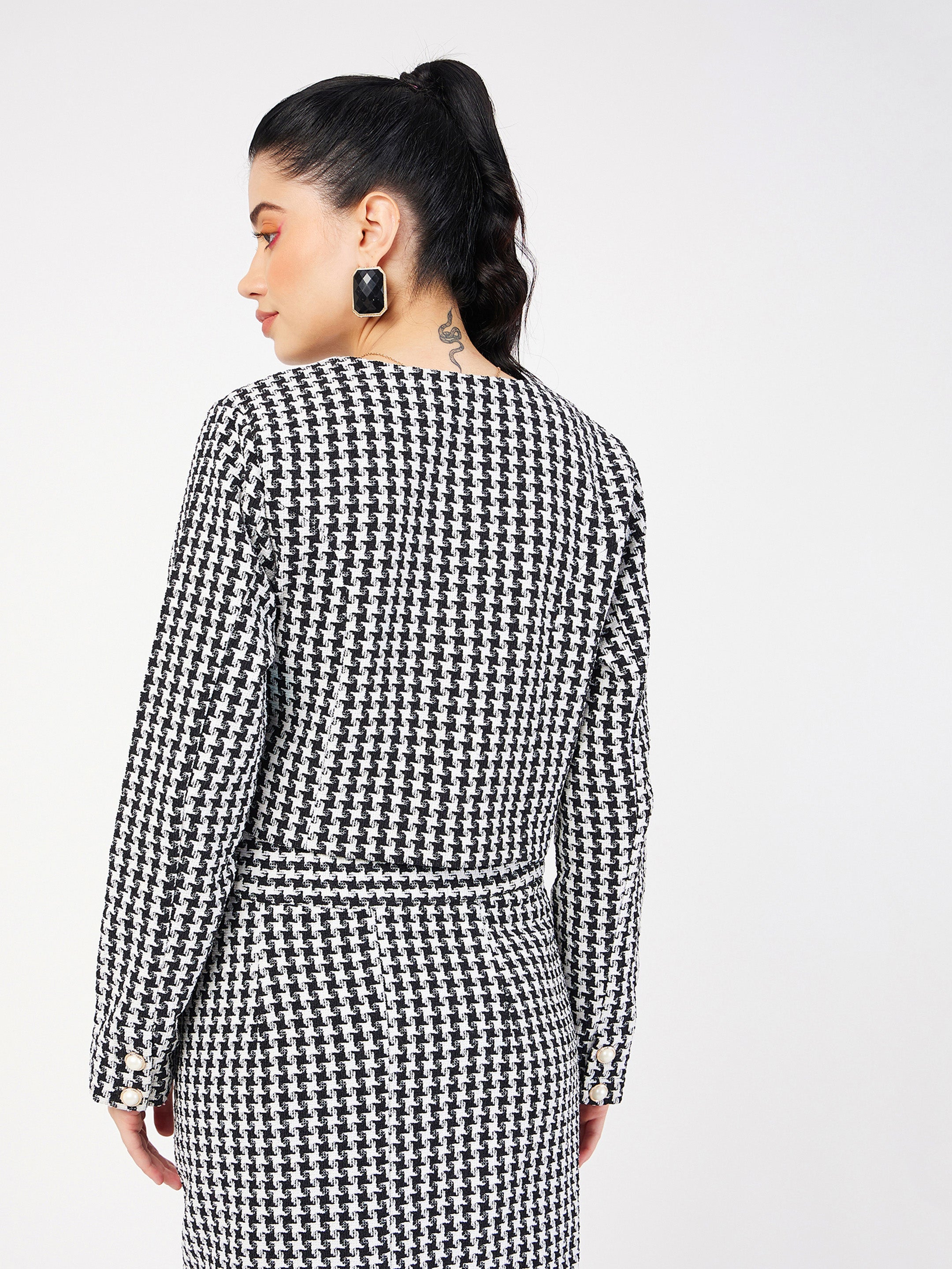 Women's Black Geo Jacquard Tweed Full Sleeves Top - Lyush