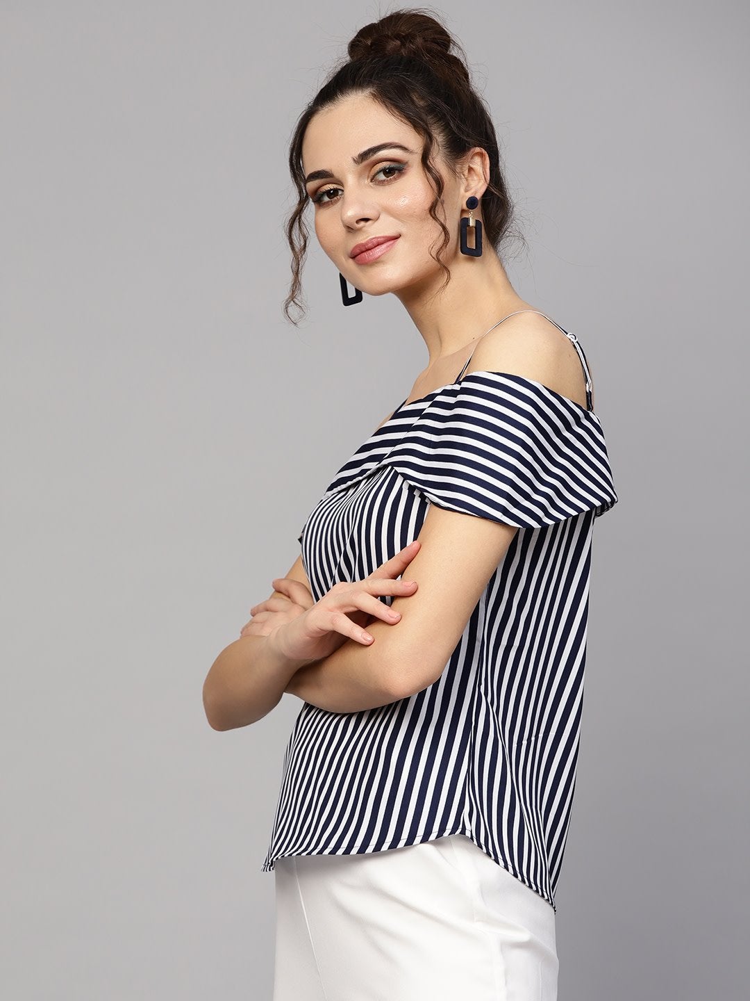 Women's Navy Striped Off Shoulder Layered Strap Top - SASSAFRAS