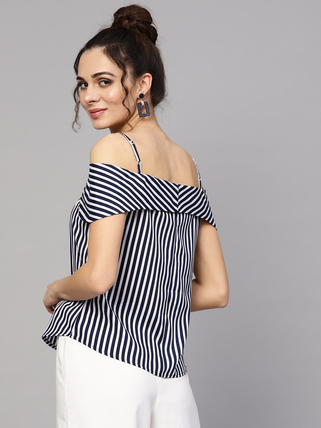 Women's Navy Striped Off Shoulder Layered Strap Top - SASSAFRAS