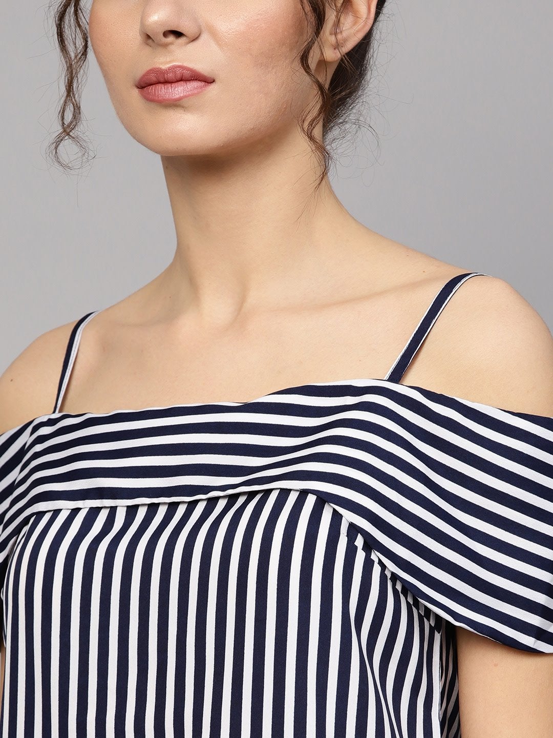 Women's Navy Striped Off Shoulder Layered Strap Top - SASSAFRAS