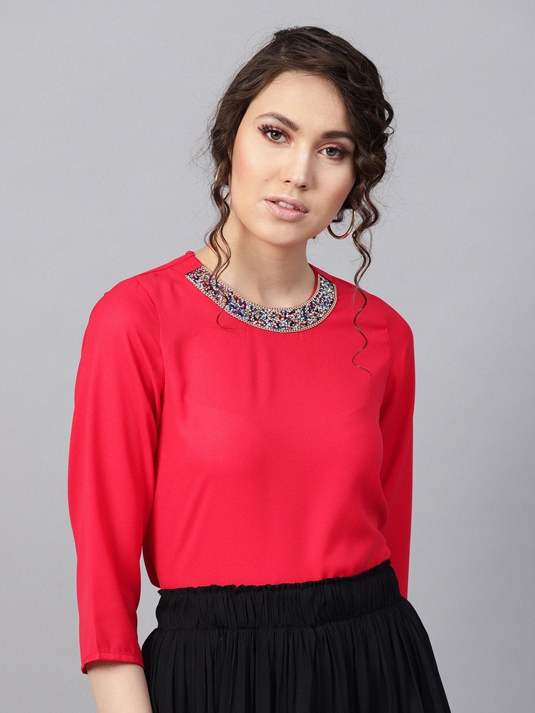 Women's Blingy Neck Fuschia Top - SASSAFRAS