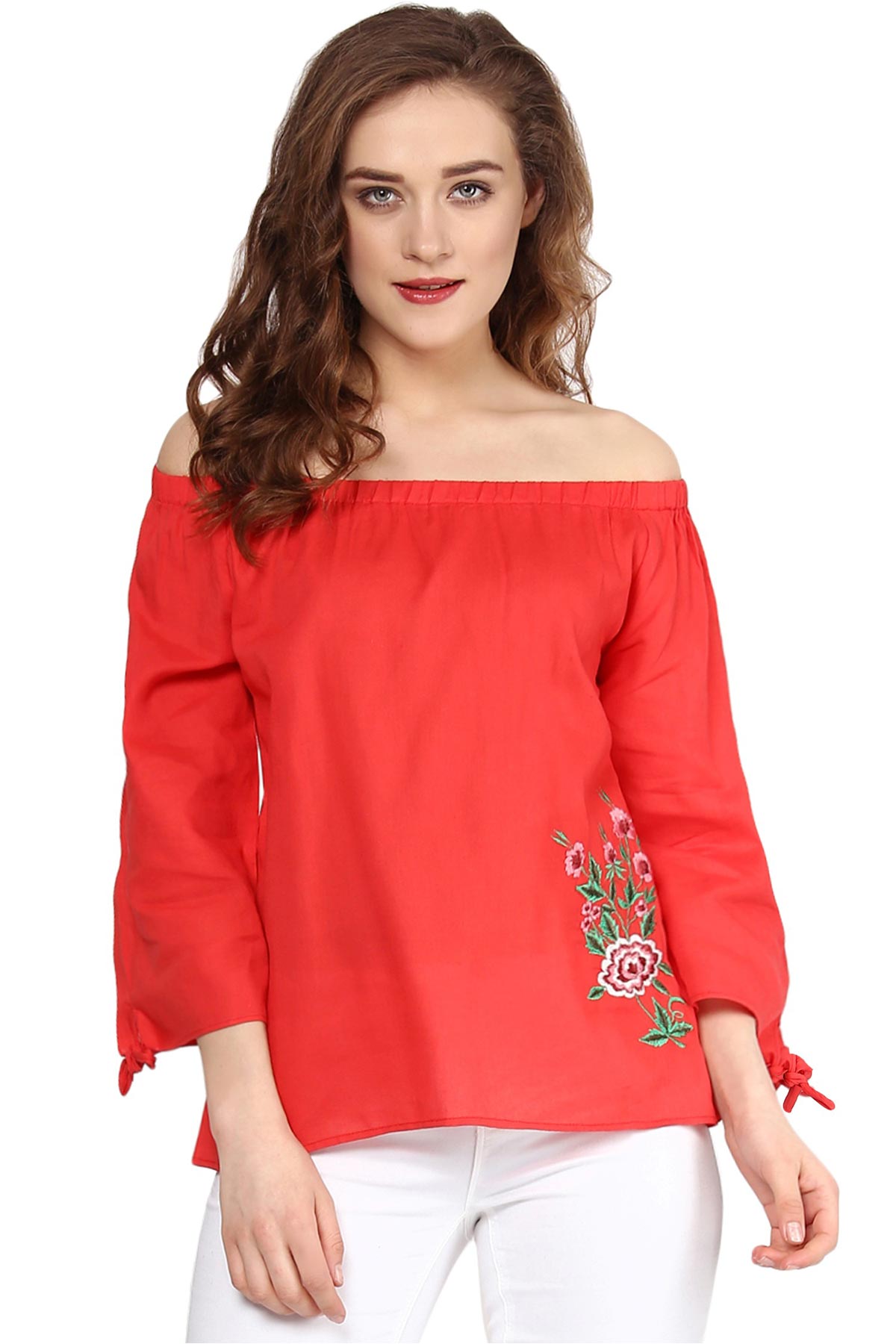 Women's Coral Embroidered Off Shoulder Top - SASSAFRAS