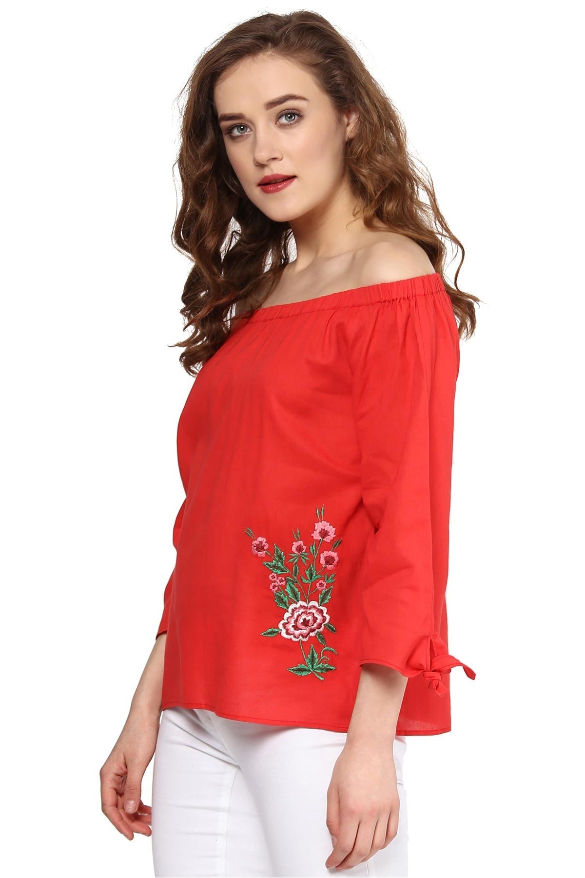 Women's Coral Embroidered Off Shoulder Top - SASSAFRAS