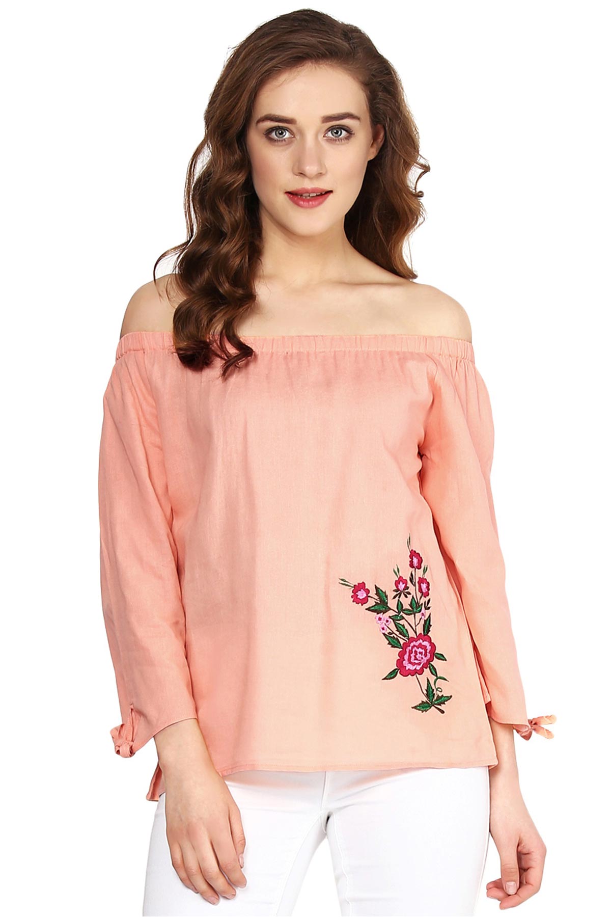 Women's Peach Embroidered Off Shoulder Top - SASSAFRAS