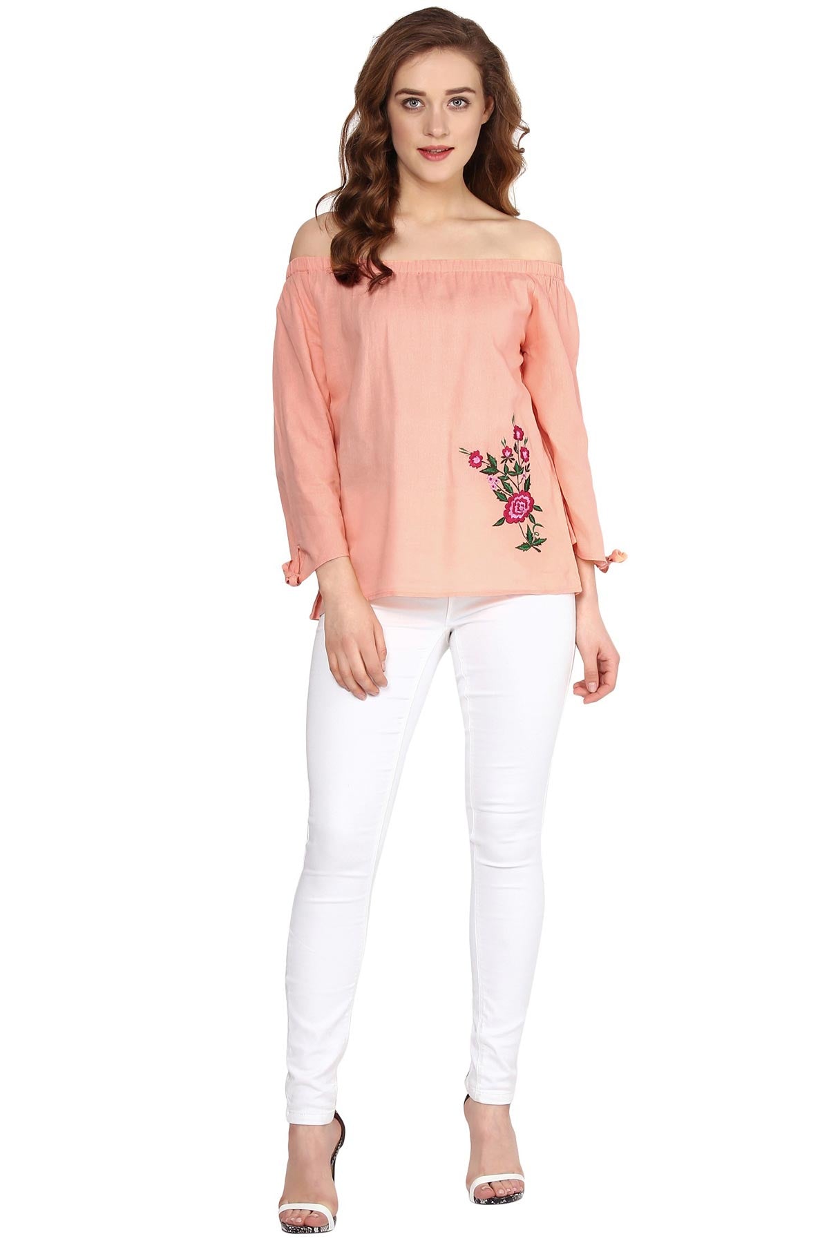 Women's Peach Embroidered Off Shoulder Top - SASSAFRAS