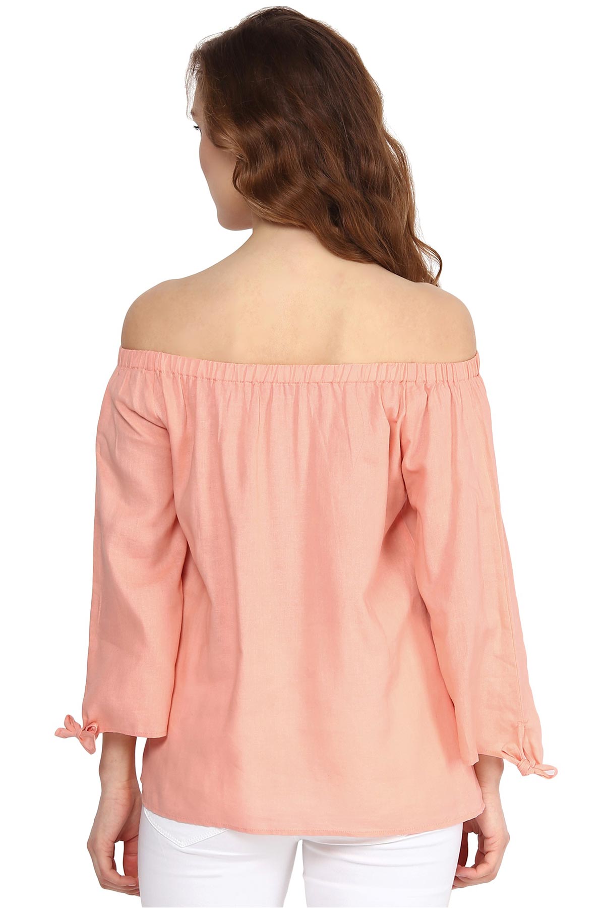 Women's Peach Embroidered Off Shoulder Top - SASSAFRAS