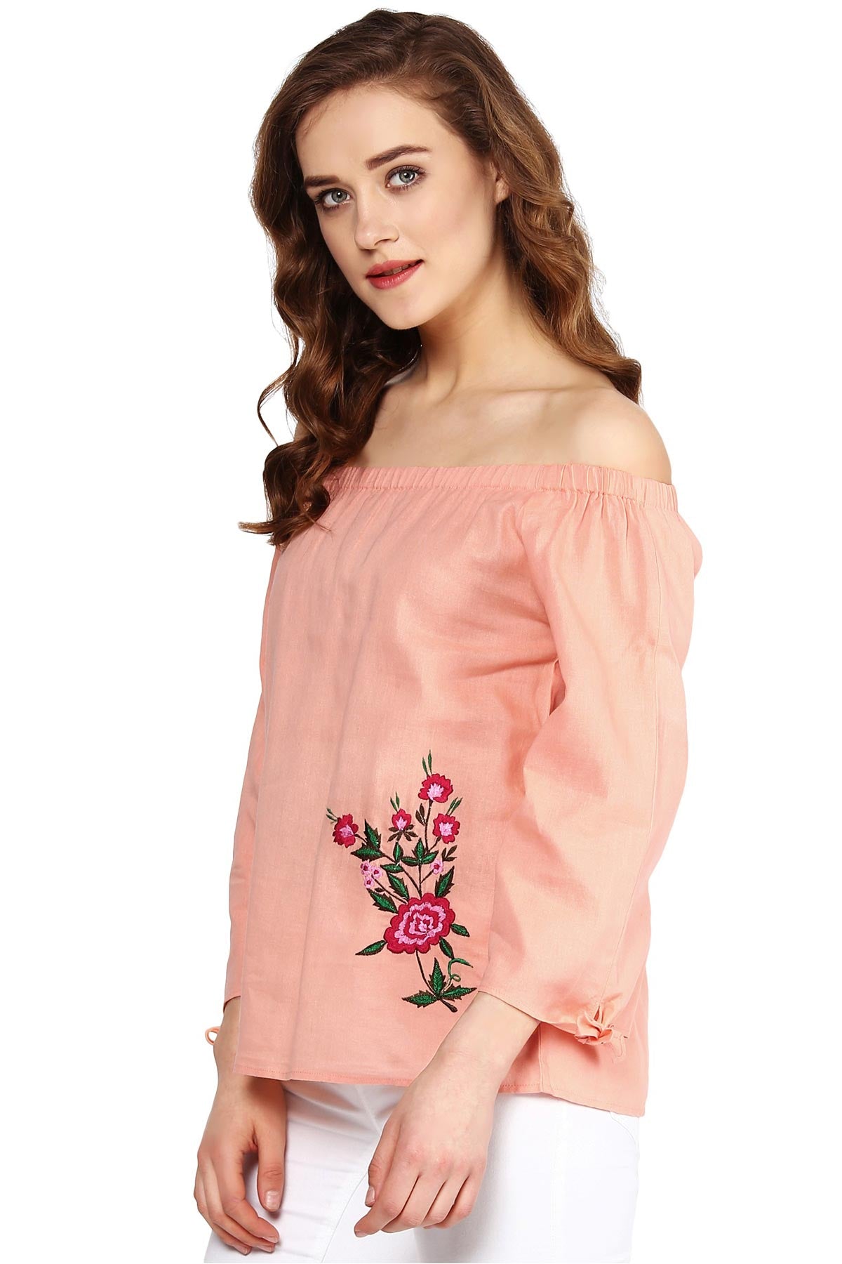 Women's Peach Embroidered Off Shoulder Top - SASSAFRAS