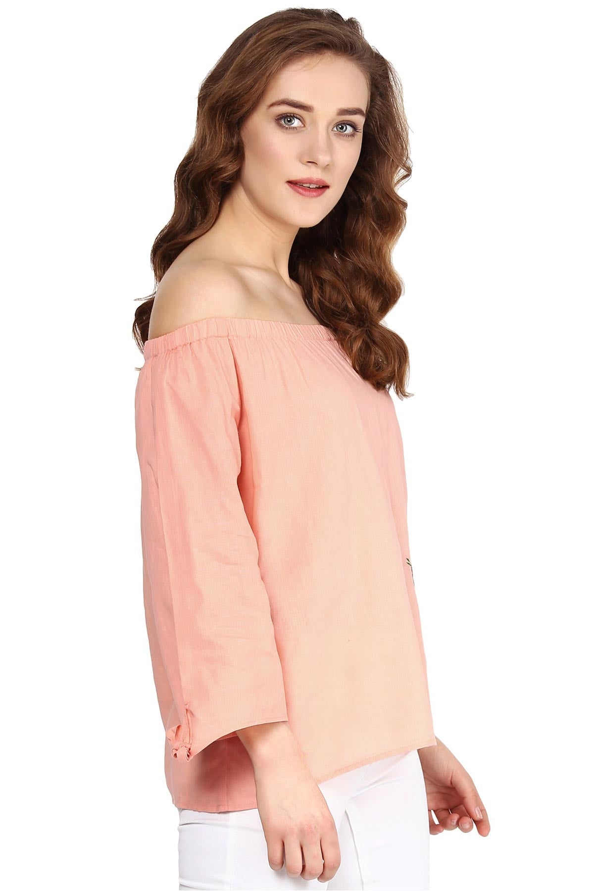 Women's Peach Embroidered Off Shoulder Top - SASSAFRAS