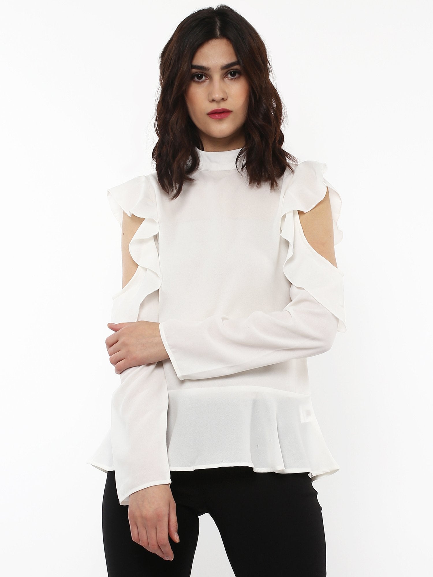 Women's Layered Cold Shoulder Ivory Blouse - SHAE