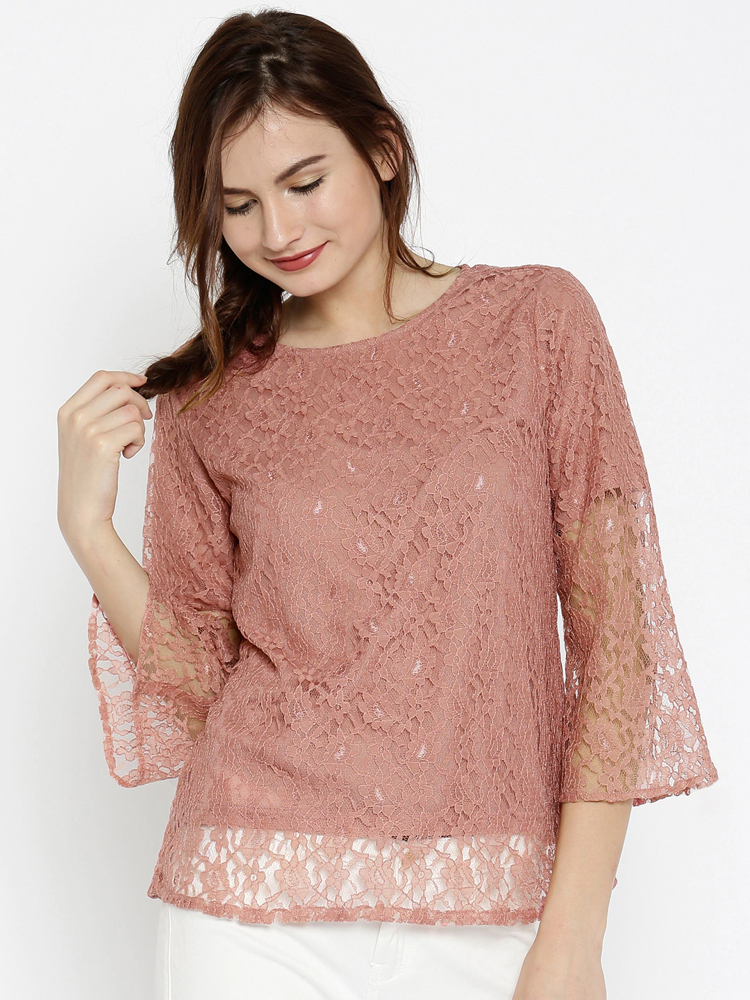 Women's Lace Bell Sleeves Pink Top - SASSAFRAS