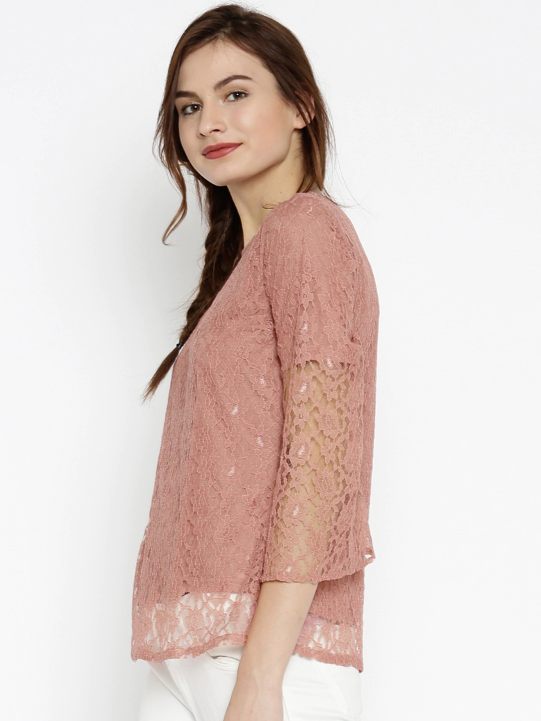 Women's Lace Bell Sleeves Pink Top - SASSAFRAS