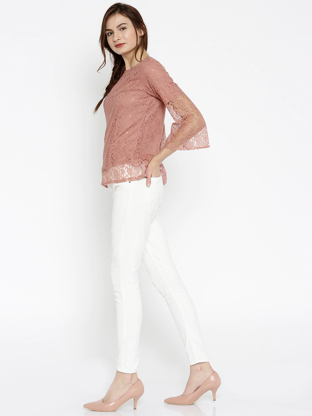 Women's Lace Bell Sleeves Pink Top - SASSAFRAS