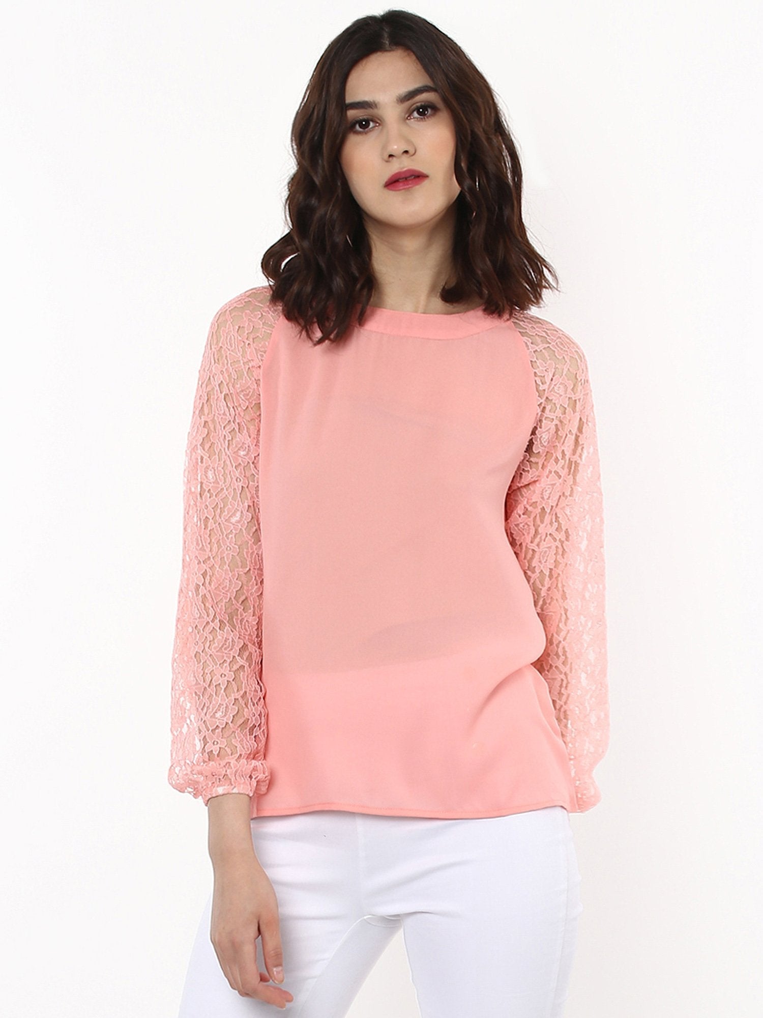 Women's Pink Raglan Lace Top - SASSAFRAS