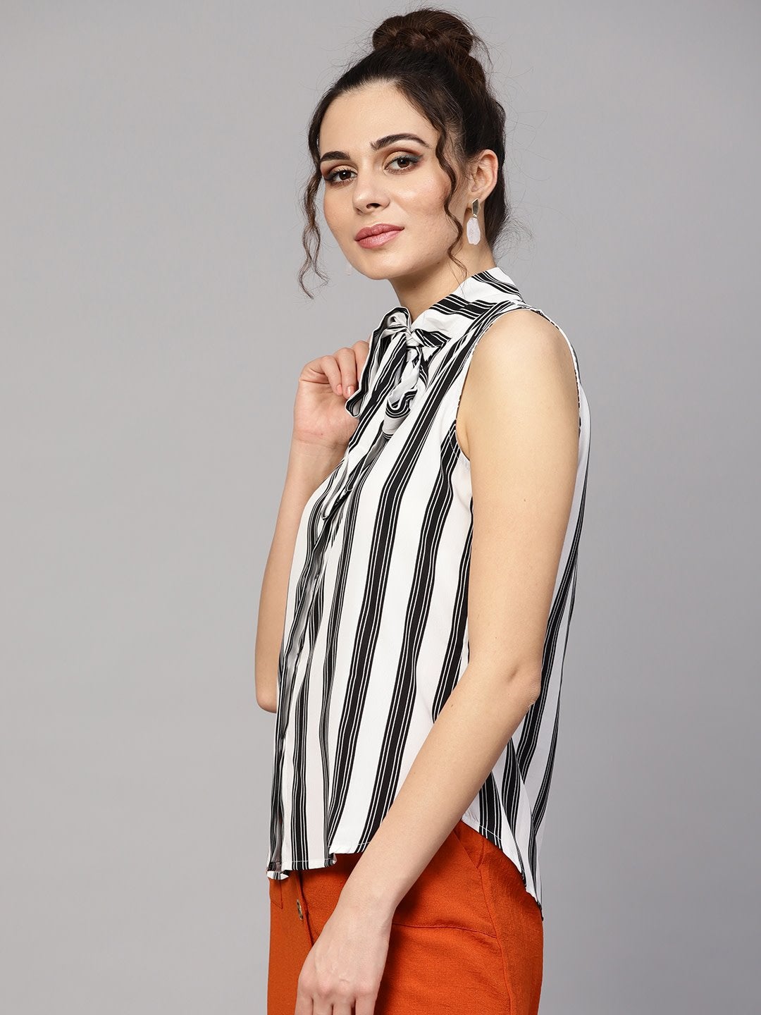 Women's Black & White Stripes Neck Tie Top - SASSAFRAS