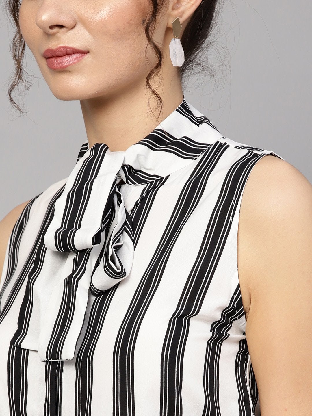 Women's Black & White Stripes Neck Tie Top - SASSAFRAS