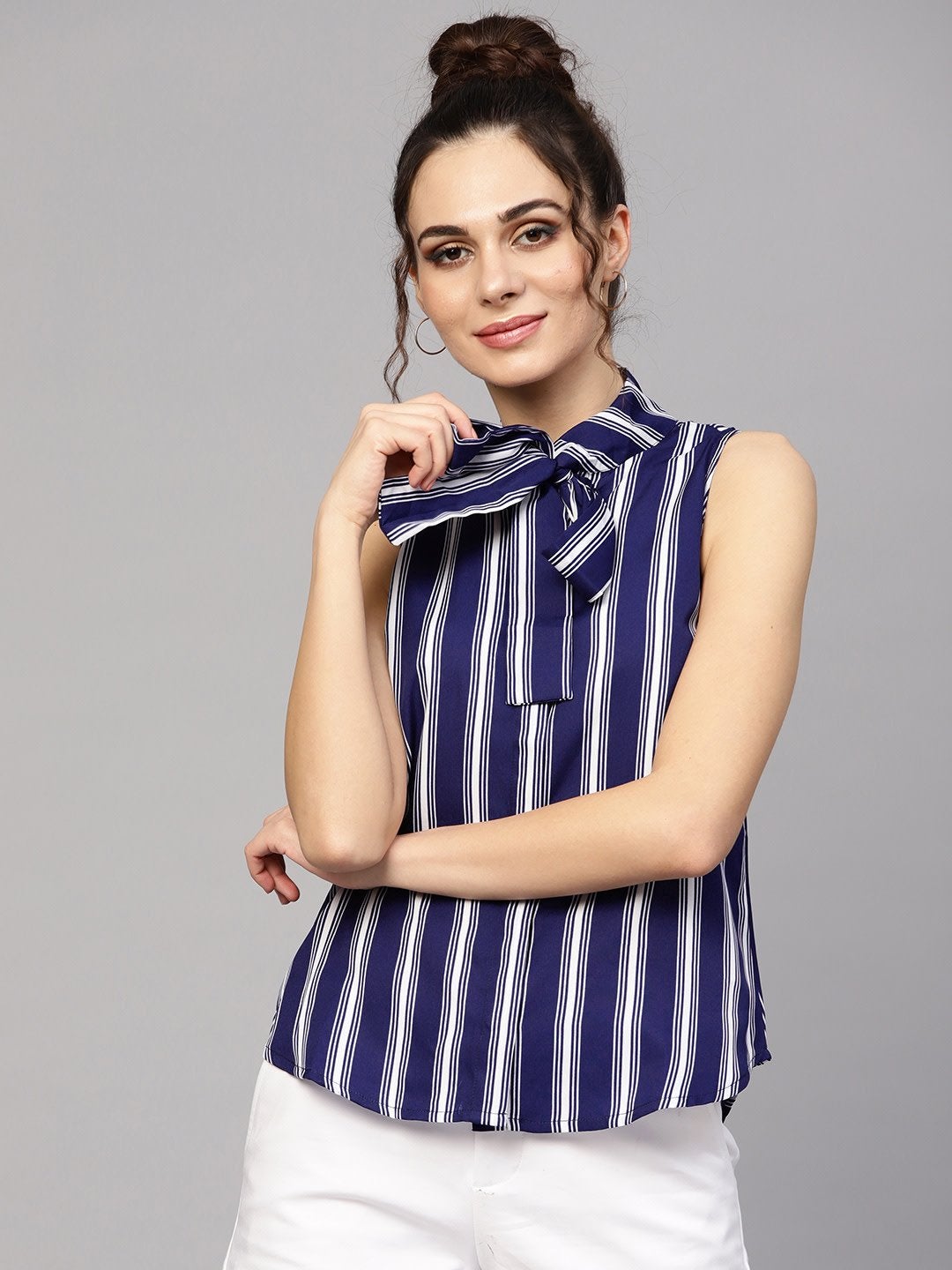 Women's Navy & White Stripes Neck Tie Top - SASSAFRAS