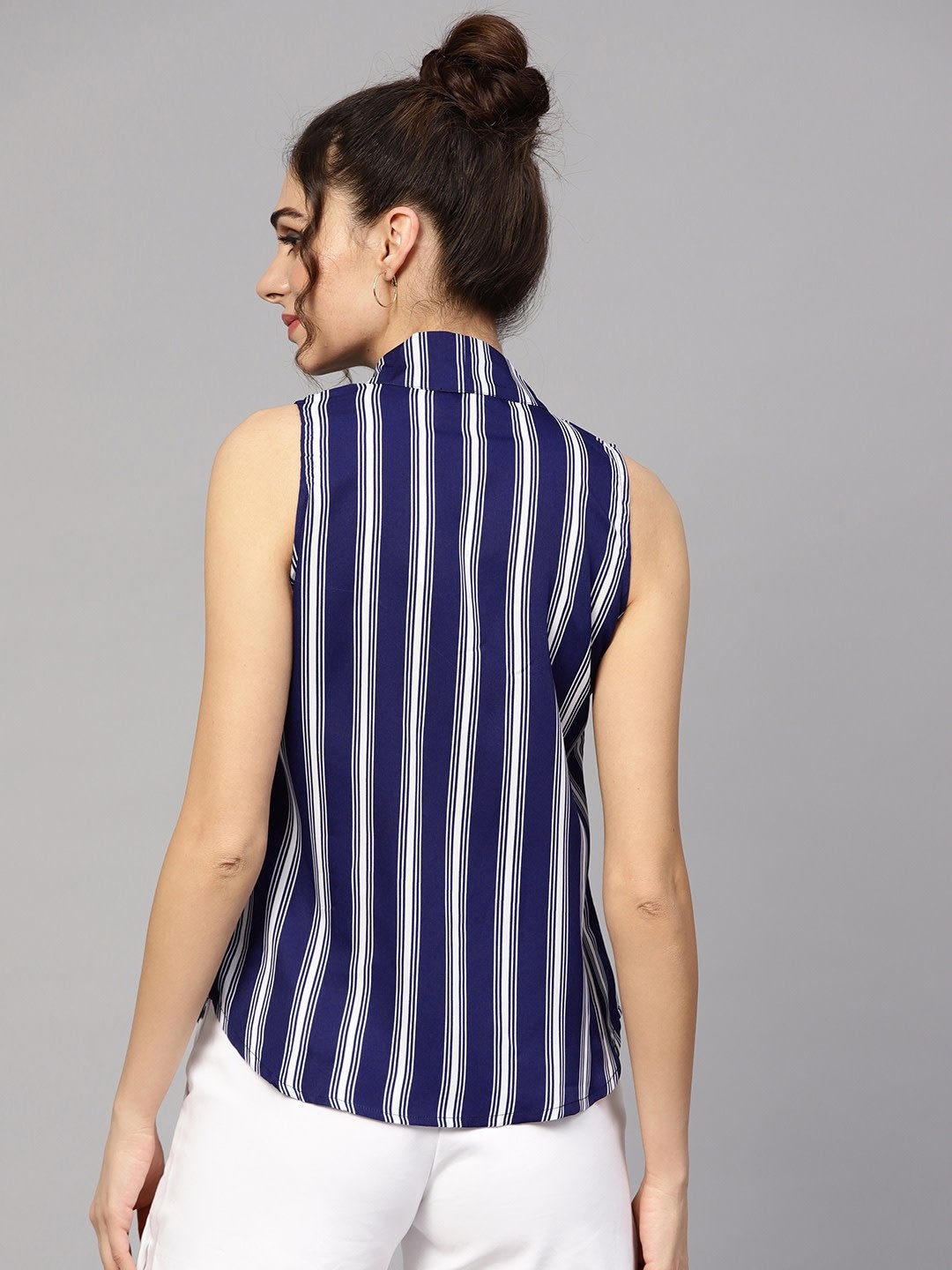 Women's Navy & White Stripes Neck Tie Top - SASSAFRAS