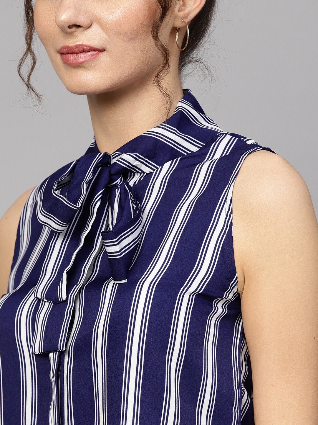 Women's Navy & White Stripes Neck Tie Top - SASSAFRAS