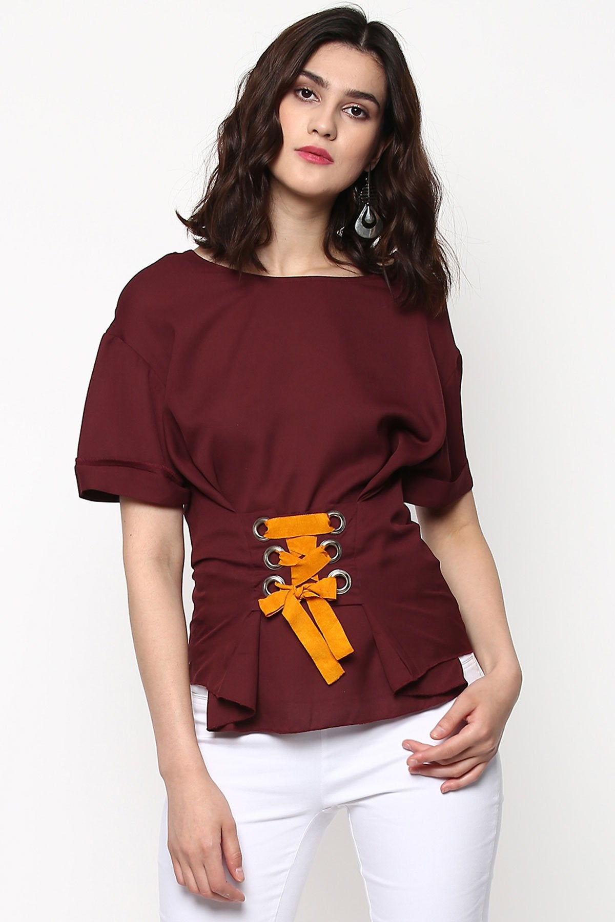 Women's Maroon Lace-Up Waist Top - SASSAFRAS