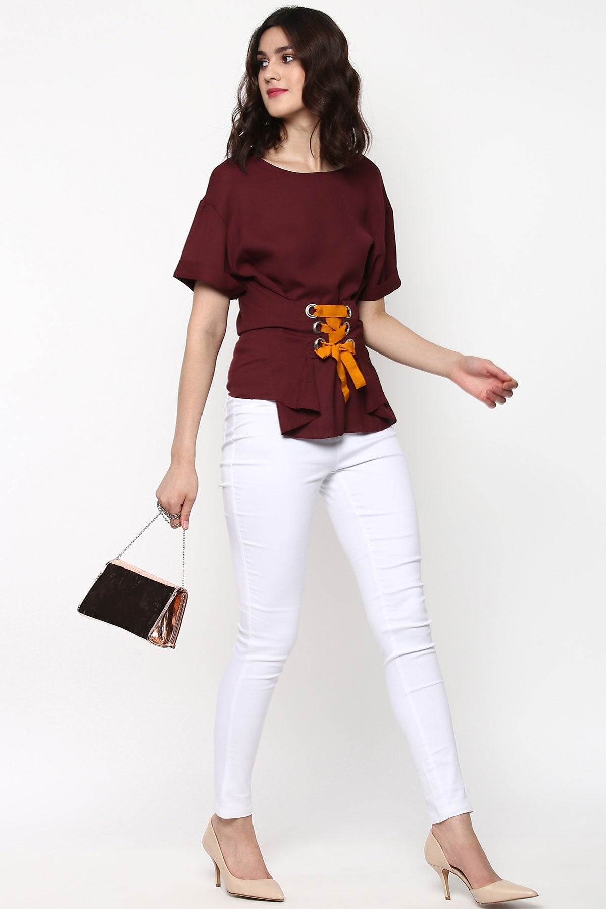 Women's Maroon Lace-Up Waist Top - SASSAFRAS