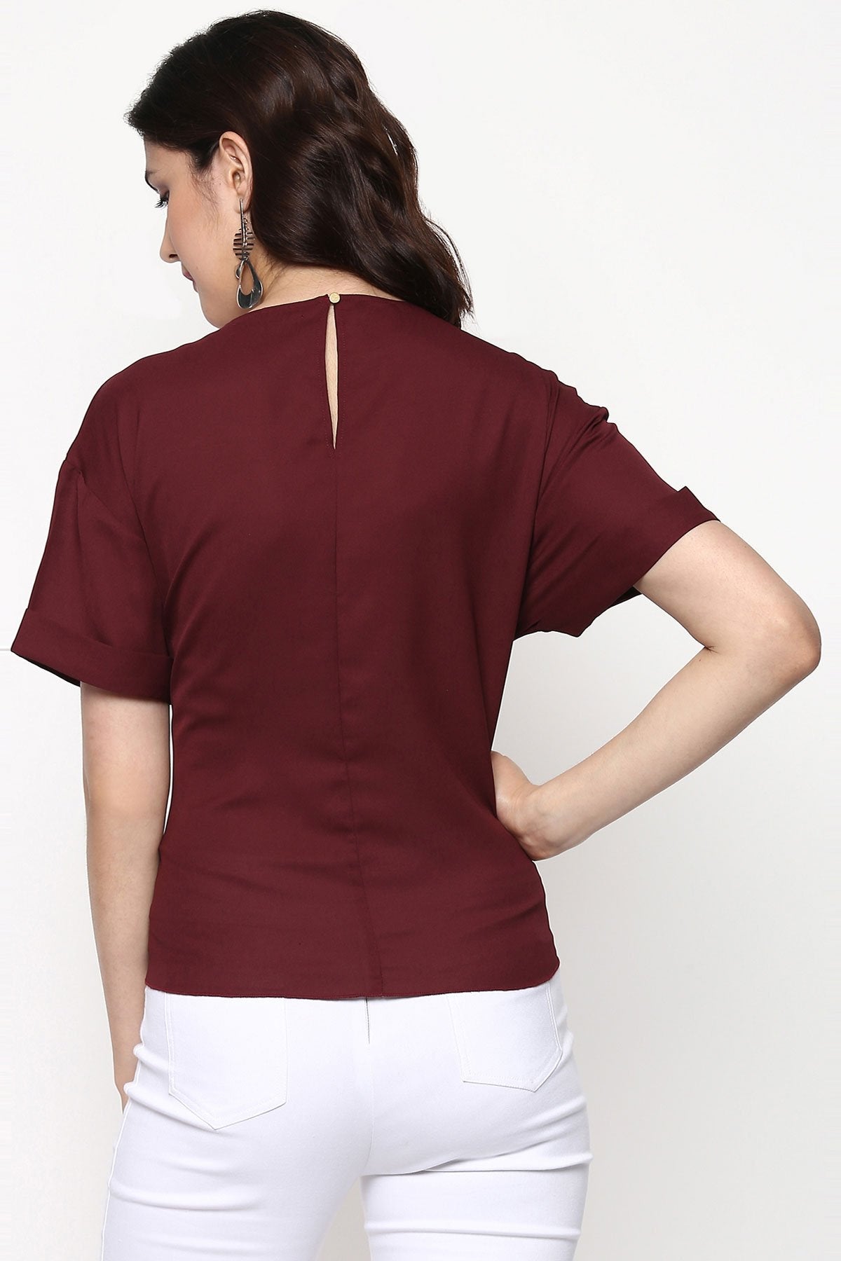 Women's Maroon Lace-Up Waist Top - SASSAFRAS