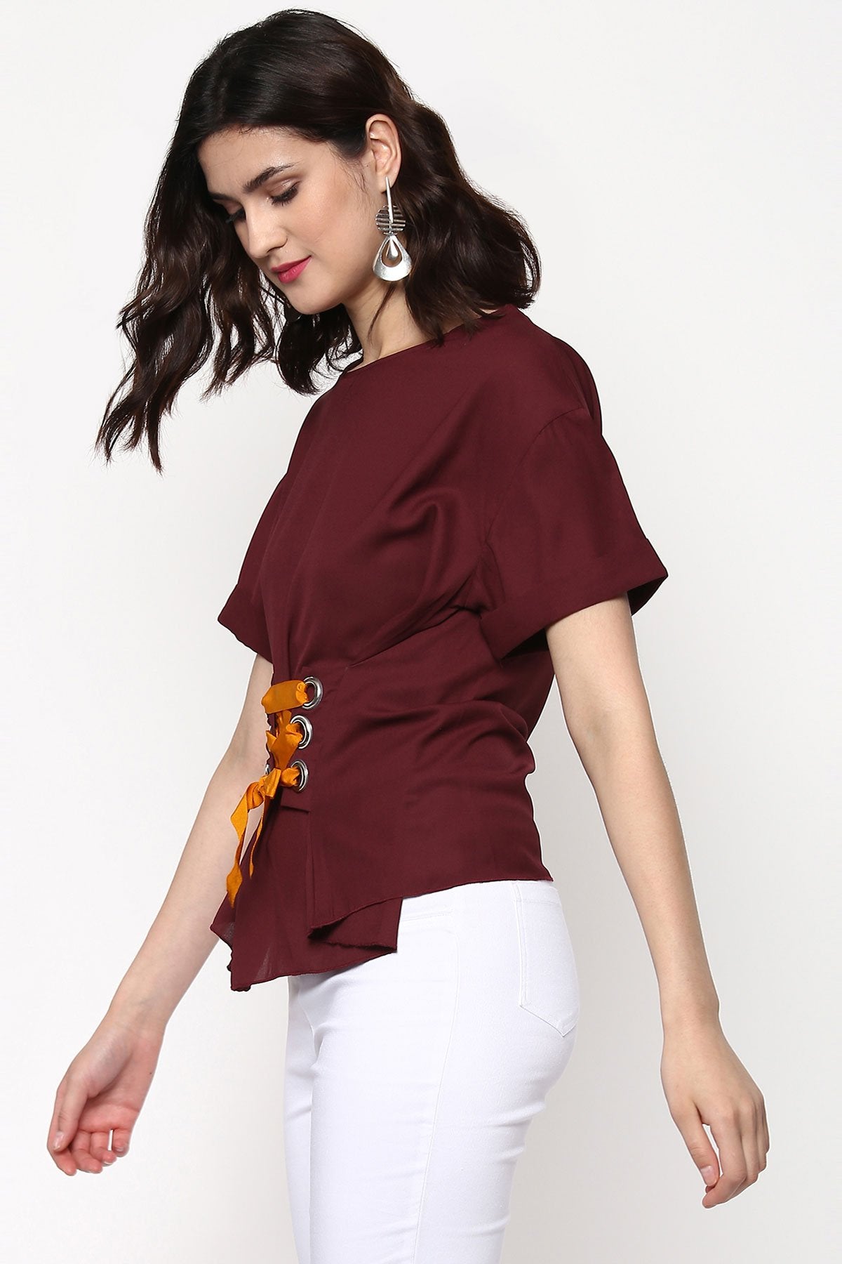 Women's Maroon Lace-Up Waist Top - SASSAFRAS