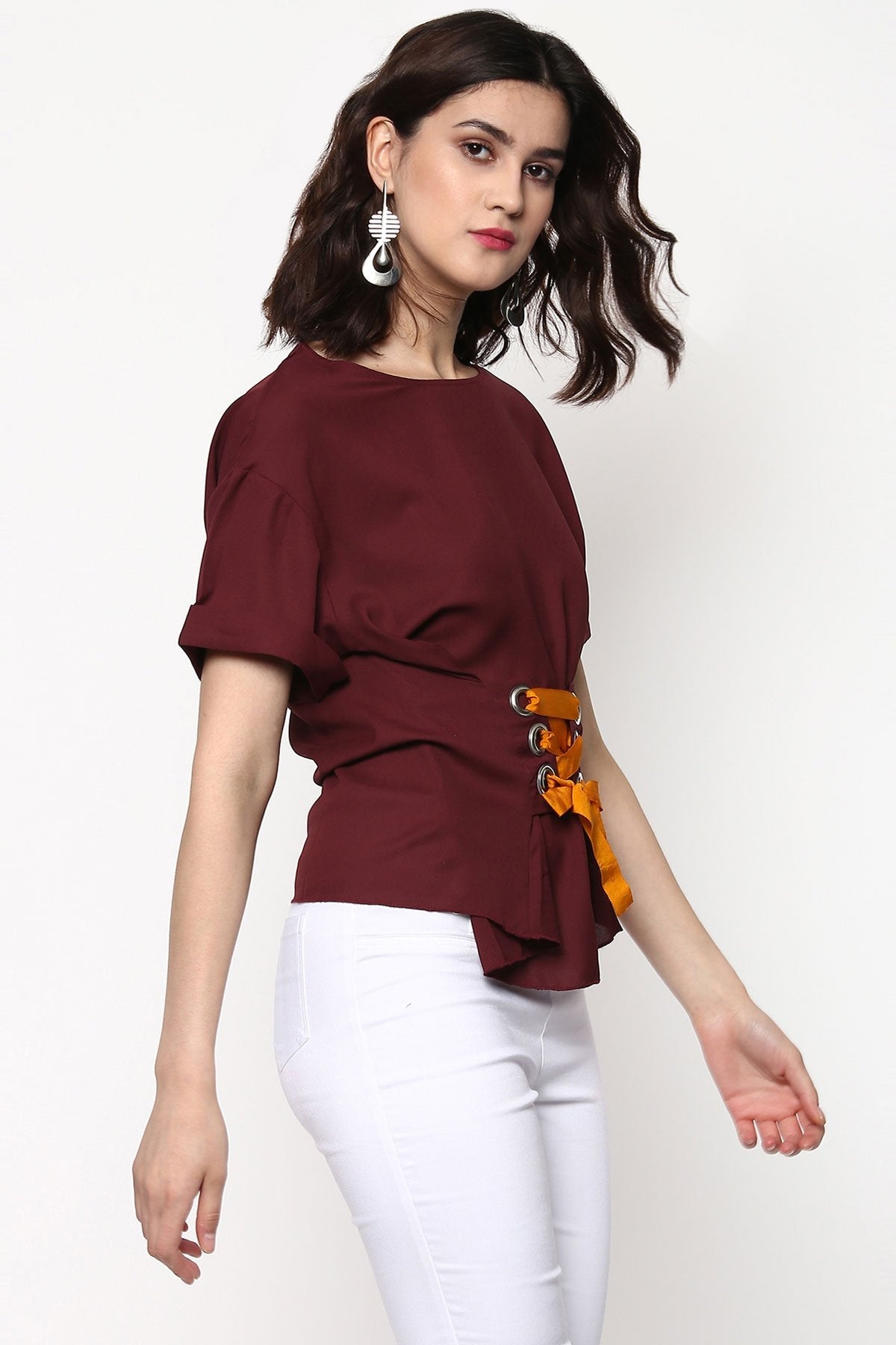 Women's Maroon Lace-Up Waist Top - SASSAFRAS