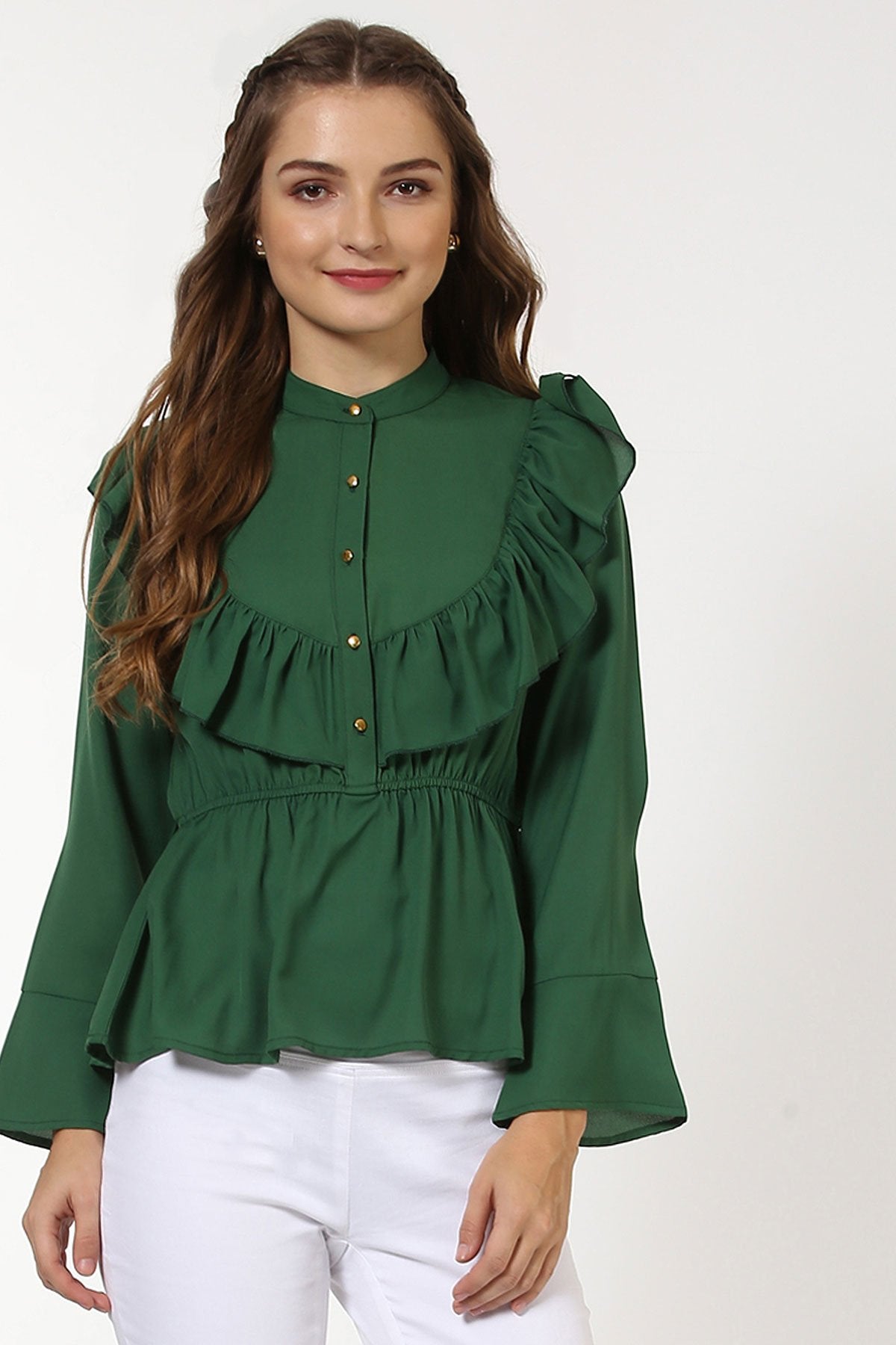 Women's Green Ruffle Yoke Top - SASSAFRAS