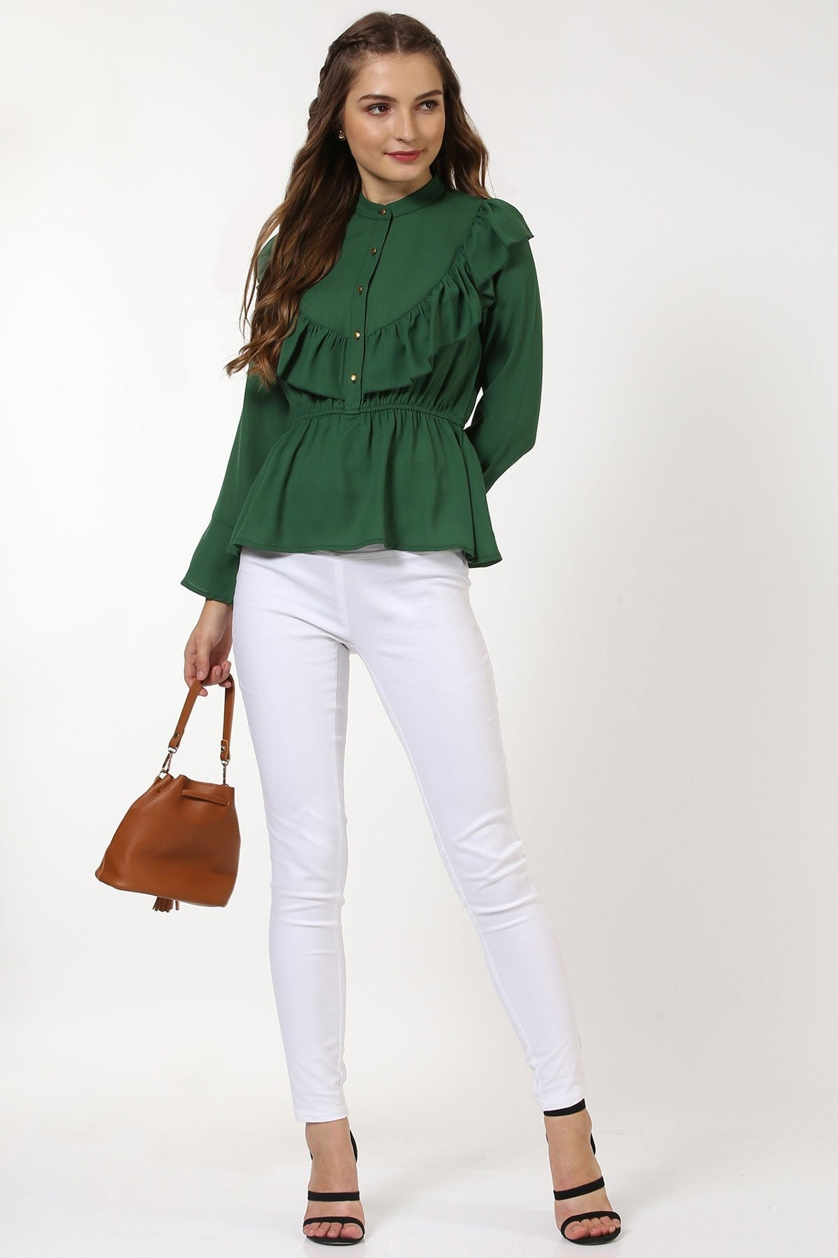 Women's Green Ruffle Yoke Top - SASSAFRAS