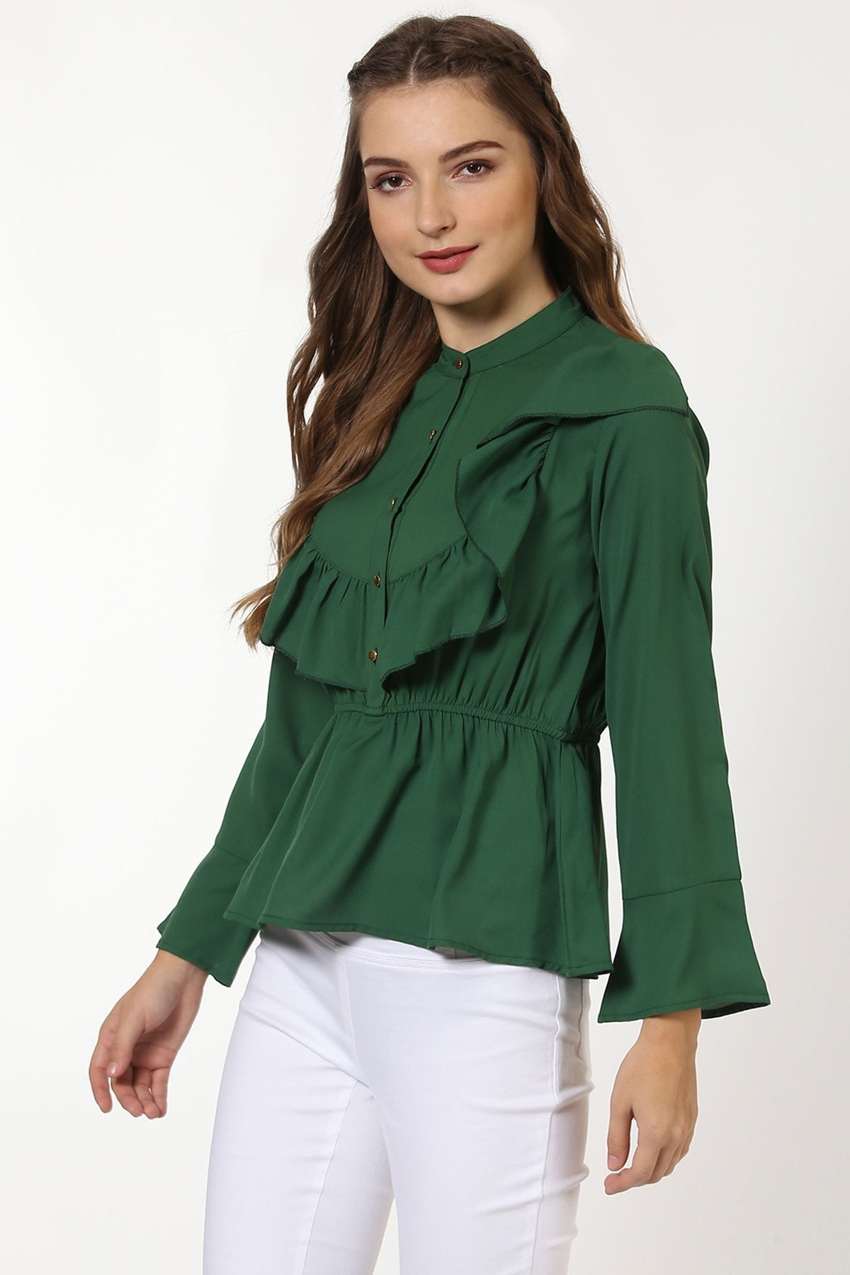 Women's Green Ruffle Yoke Top - SASSAFRAS