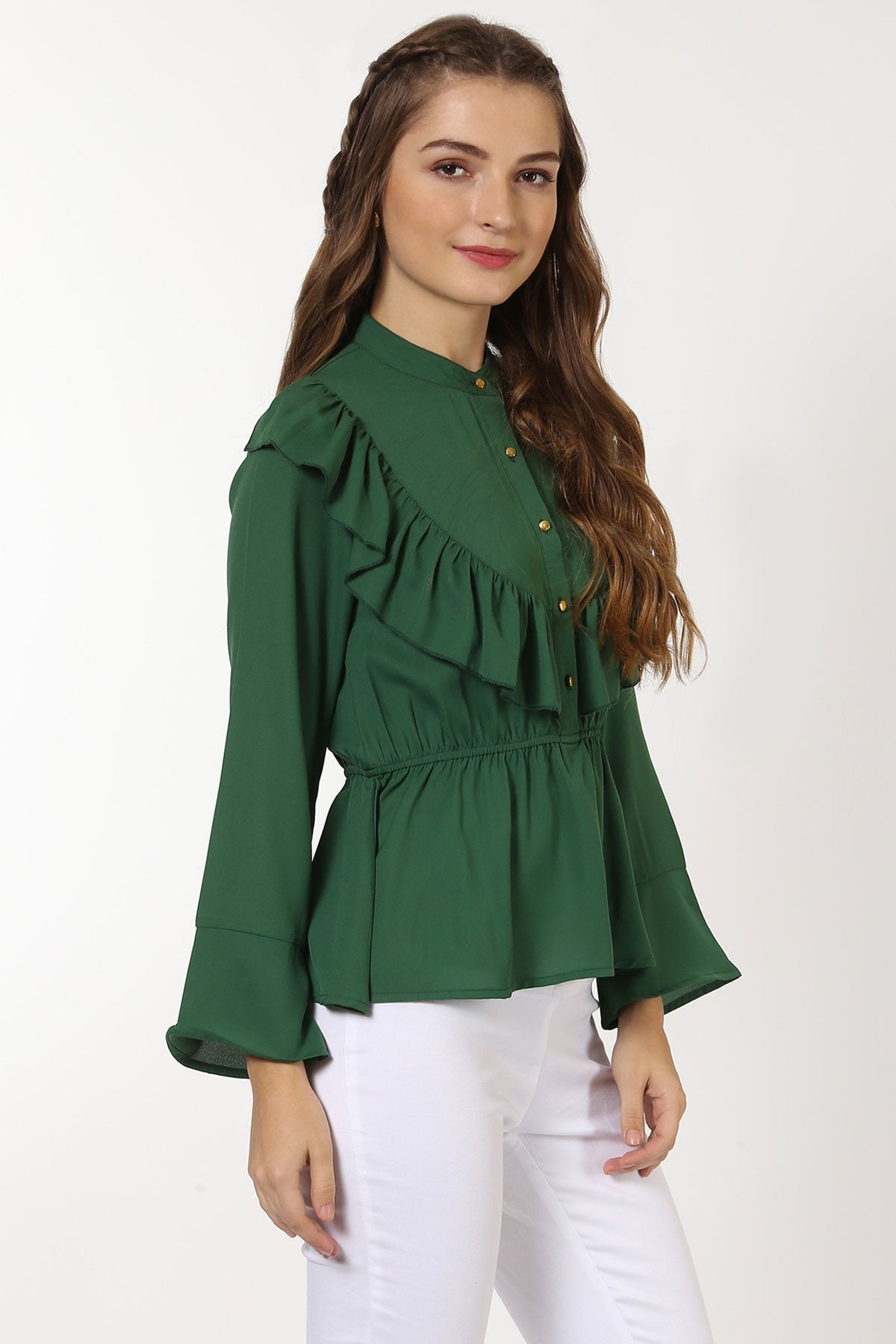 Women's Green Ruffle Yoke Top - SASSAFRAS