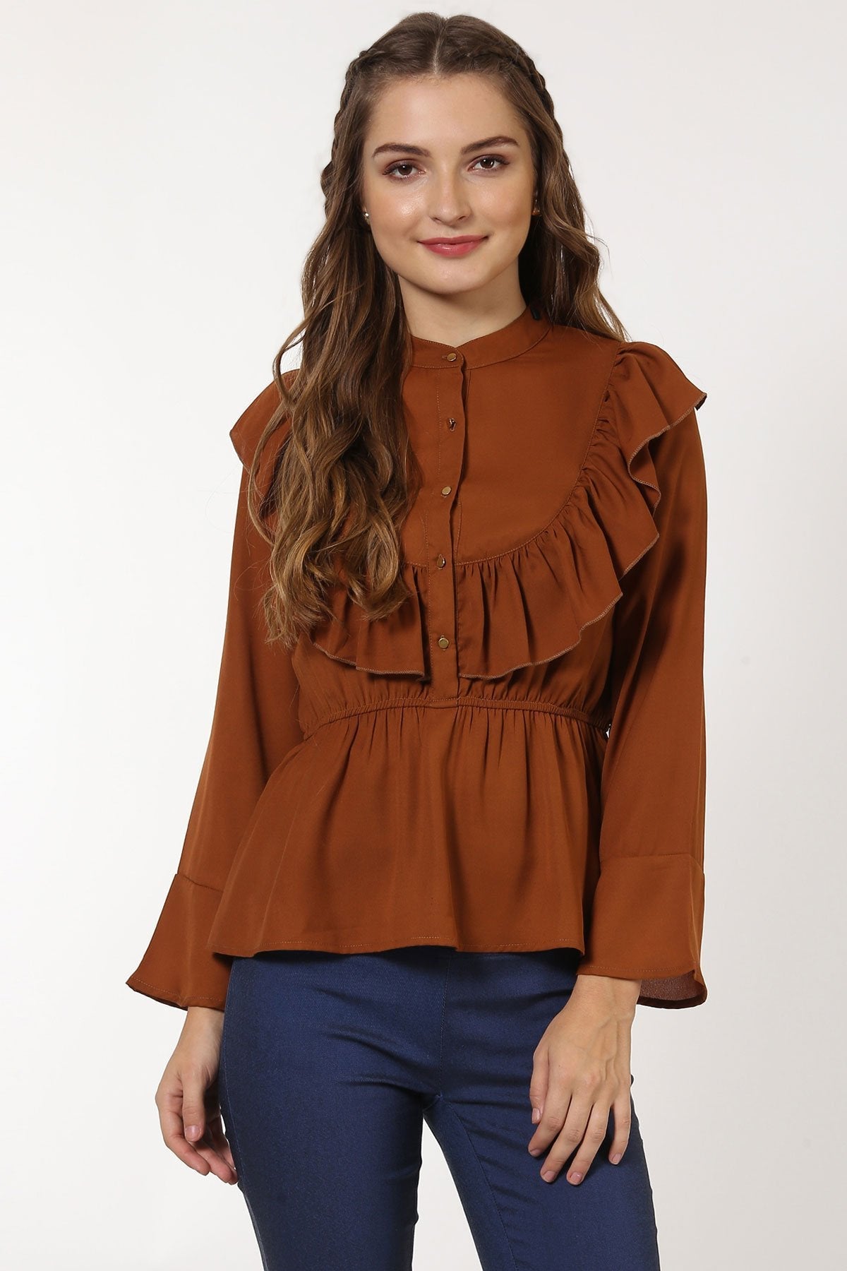 Women's Brown Ruffle Yoke Top - SASSAFRAS