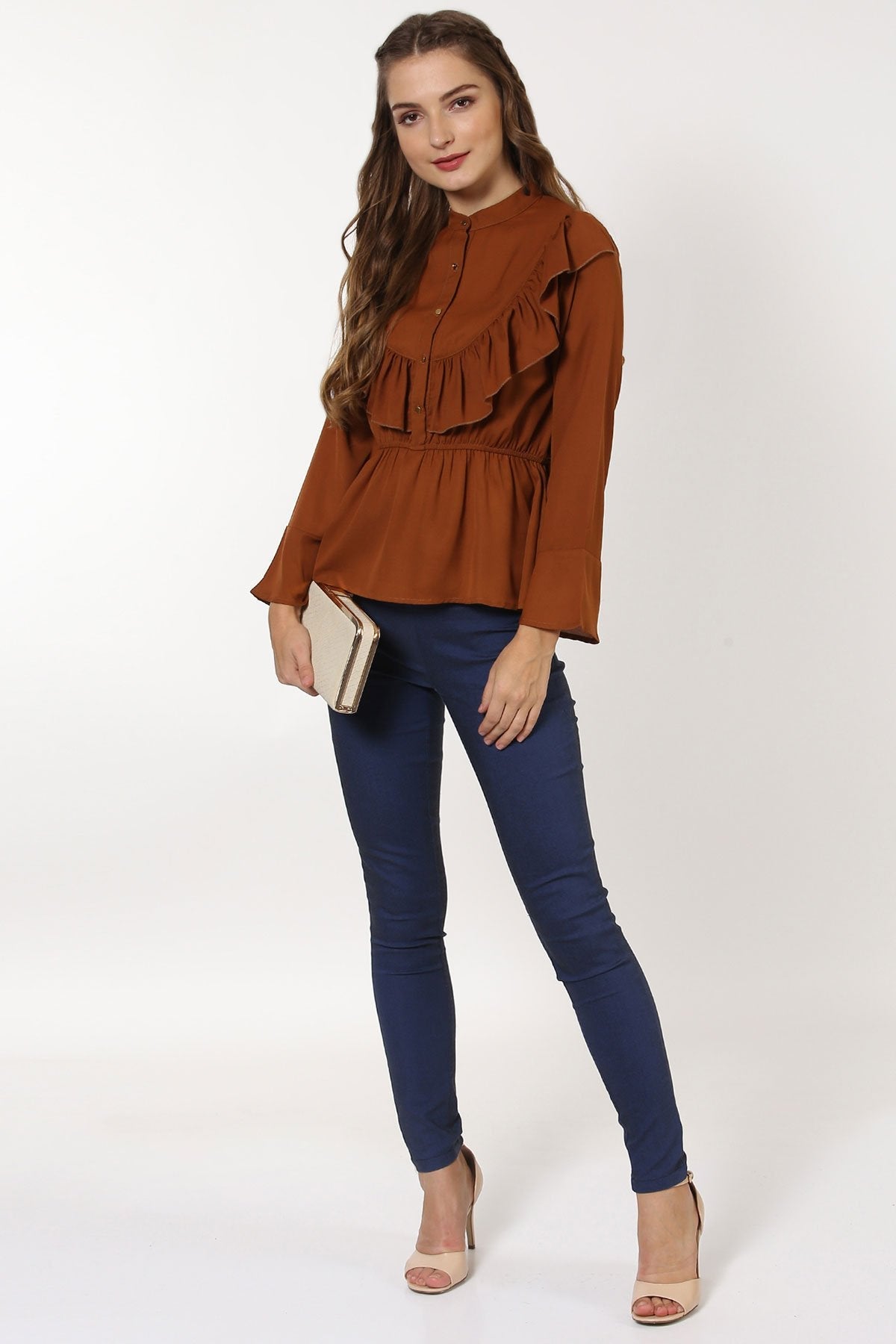 Women's Brown Ruffle Yoke Top - SASSAFRAS