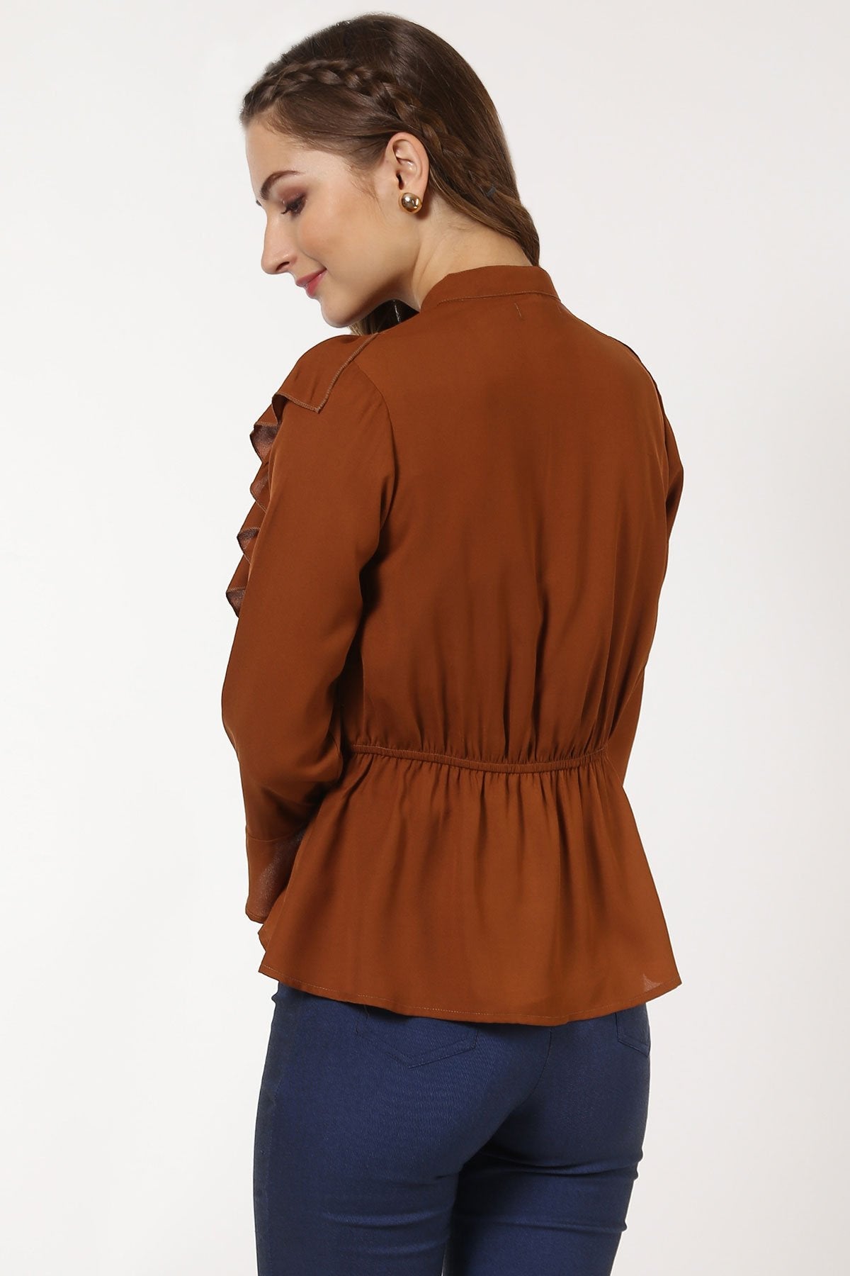 Women's Brown Ruffle Yoke Top - SASSAFRAS