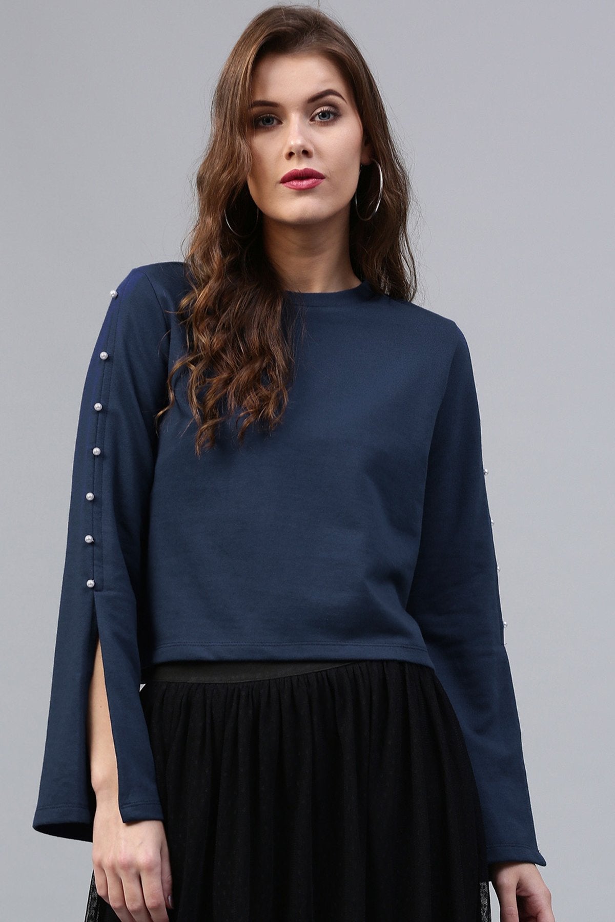 Women's Pearl Sleeves Blue Terry Top - SASSAFRAS