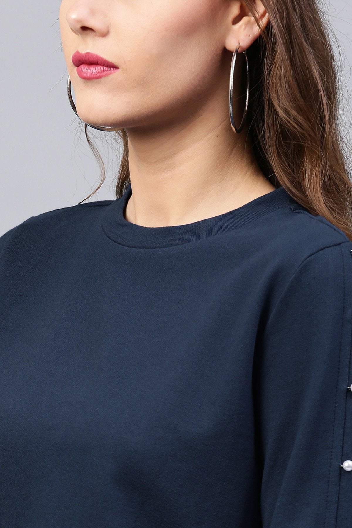 Women's Pearl Sleeves Blue Terry Top - SASSAFRAS