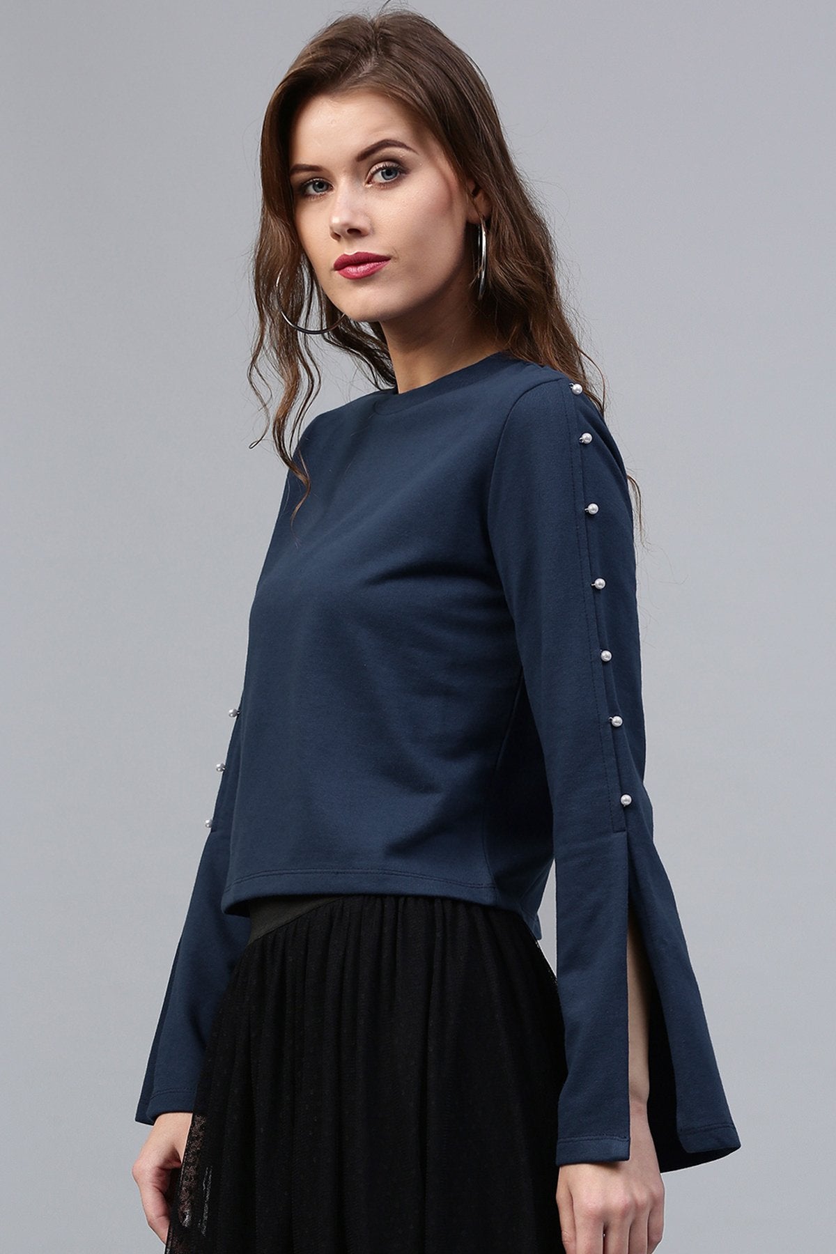 Women's Pearl Sleeves Blue Terry Top - SASSAFRAS