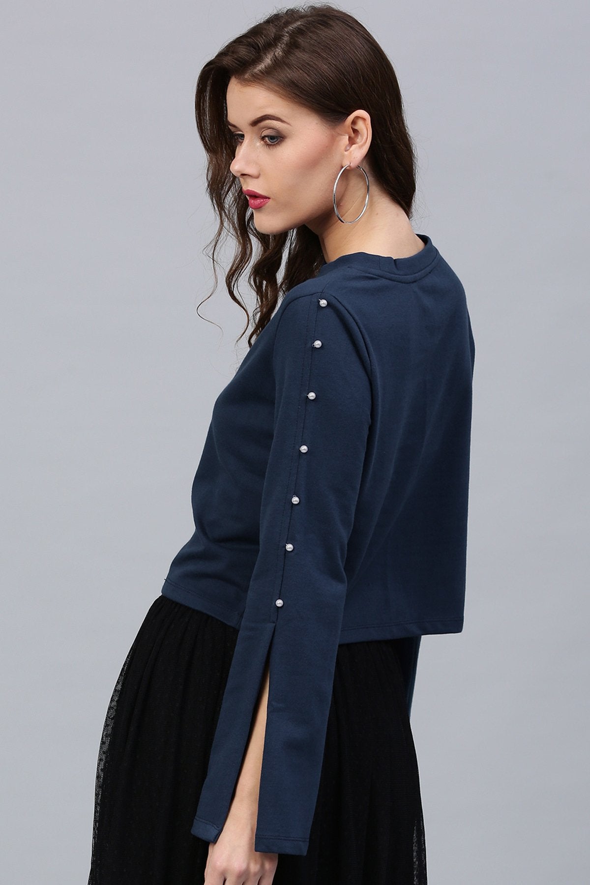 Women's Pearl Sleeves Blue Terry Top - SASSAFRAS