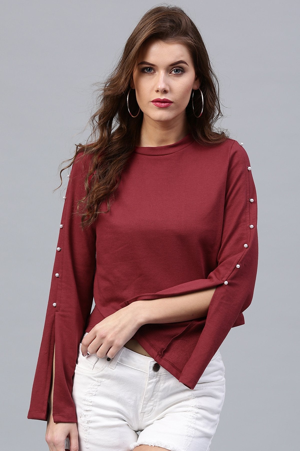 Women's Pearl Sleeves Maroon Terry Top - SASSAFRAS