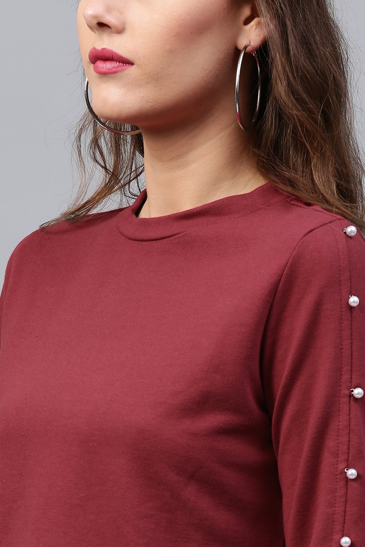 Women's Pearl Sleeves Maroon Terry Top - SASSAFRAS