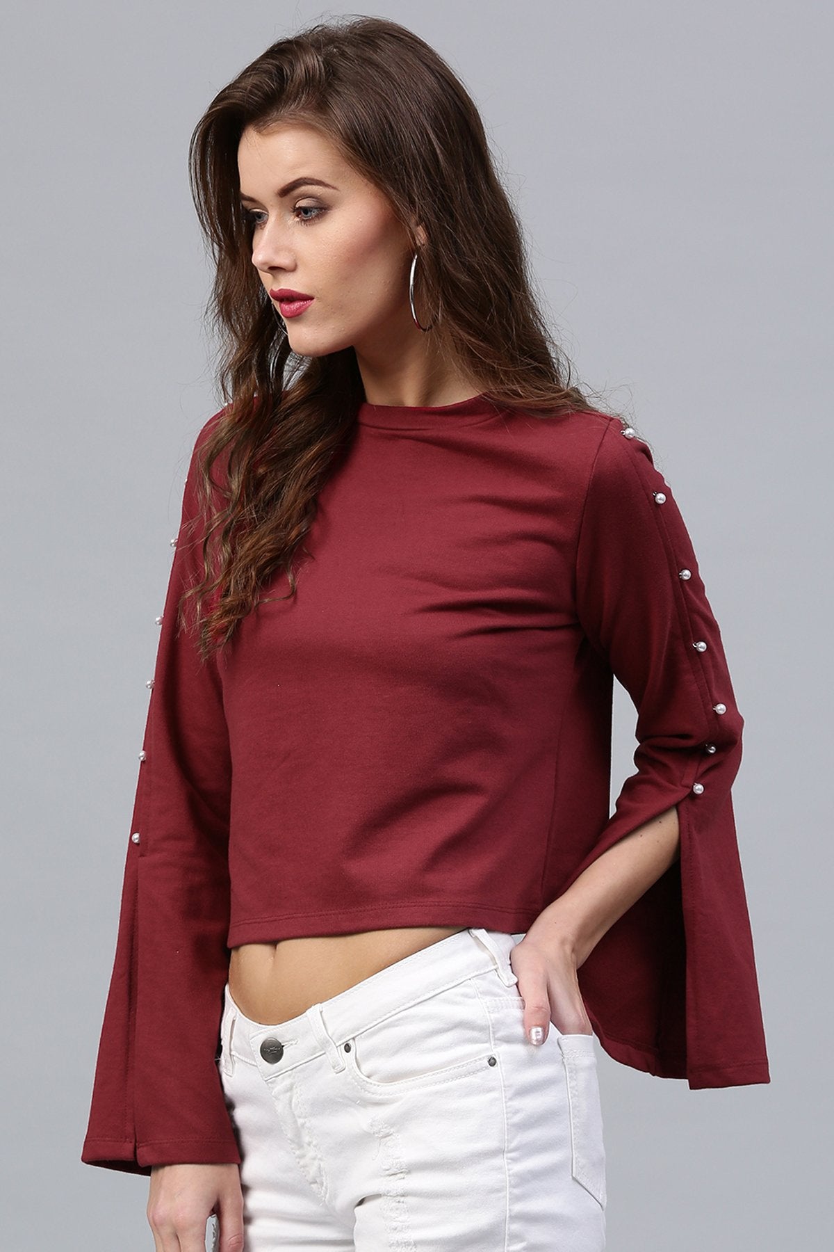 Women's Pearl Sleeves Maroon Terry Top - SASSAFRAS