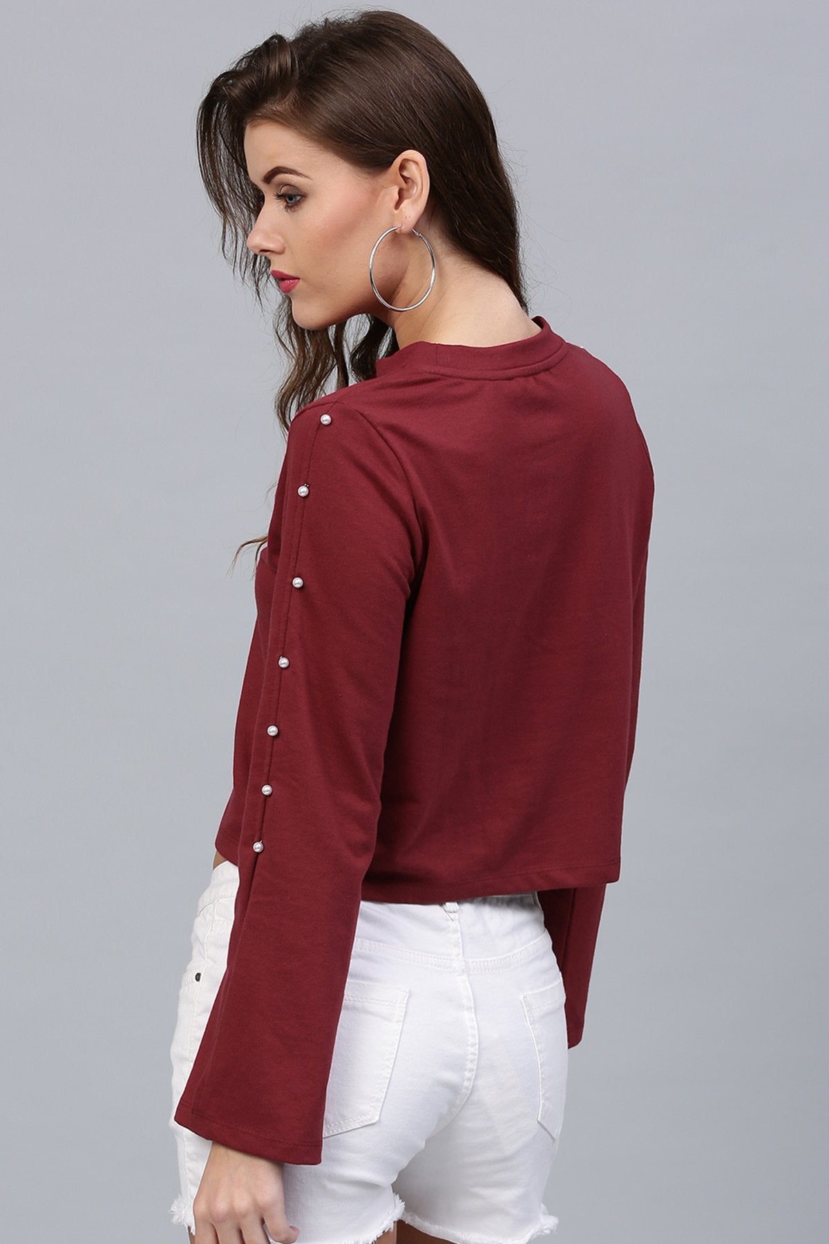 Women's Pearl Sleeves Maroon Terry Top - SASSAFRAS