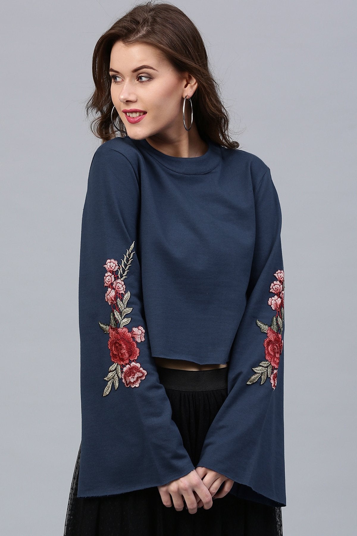 Women's Blue Bell Sleeves Patch Top - SASSAFRAS